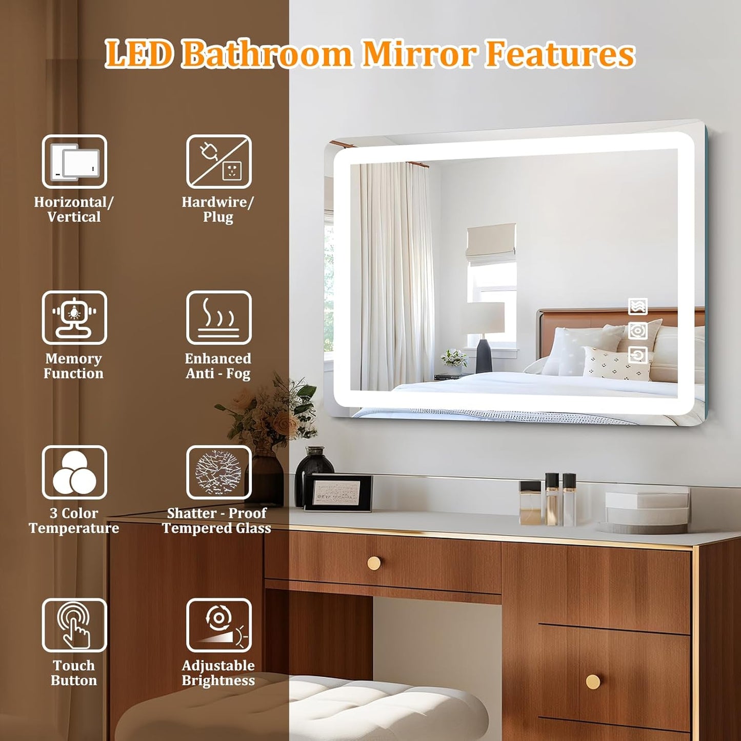 24"x32" LED Bathroom Mirror with Lights, Front and Backlit, Stepless Dimmable, Lighted Mirror for Bathroom Wall, 3 Colors Dimmable Vanity Mirror with Lights, Anti-Fog, Shatter-Proof Glass(Round)