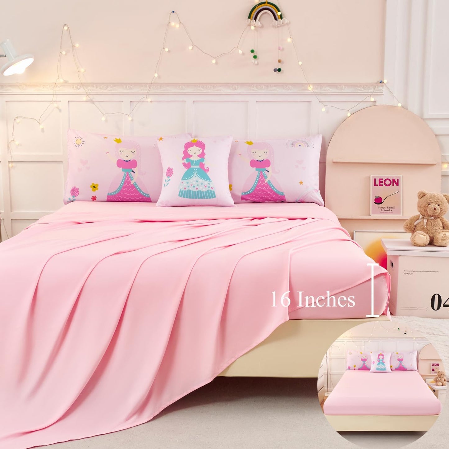 ANGIYUIN 6Pcs Pink Princess Kids Comforter Set Full Cute Rainbow Girl Bed in A Bag Fairy Tales Castle Bedding Set(1 Comforter, 1 Flat Sheet, 1 Fitted Sheet, 2 Pillowcases,1 Square Pillowcases)