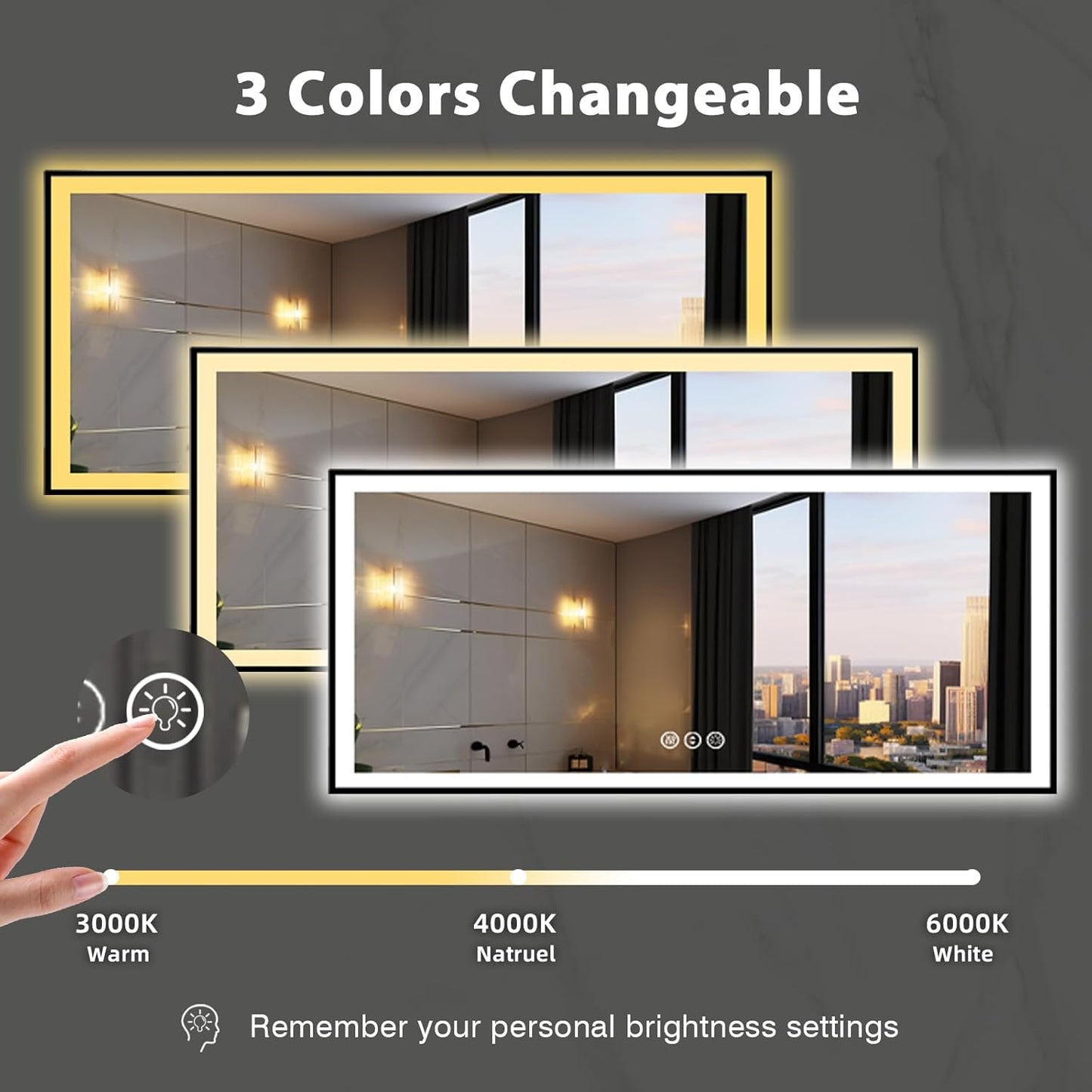 88x38 Large Light up Bathroom Mirror, Wall-Mounted LED Vanity Mirrors, Black Trim and Double Lights, 3 Colors and Stepless Dimming, Anti-Fog, Memory, Shatterproof (Horizontal/Vertical)