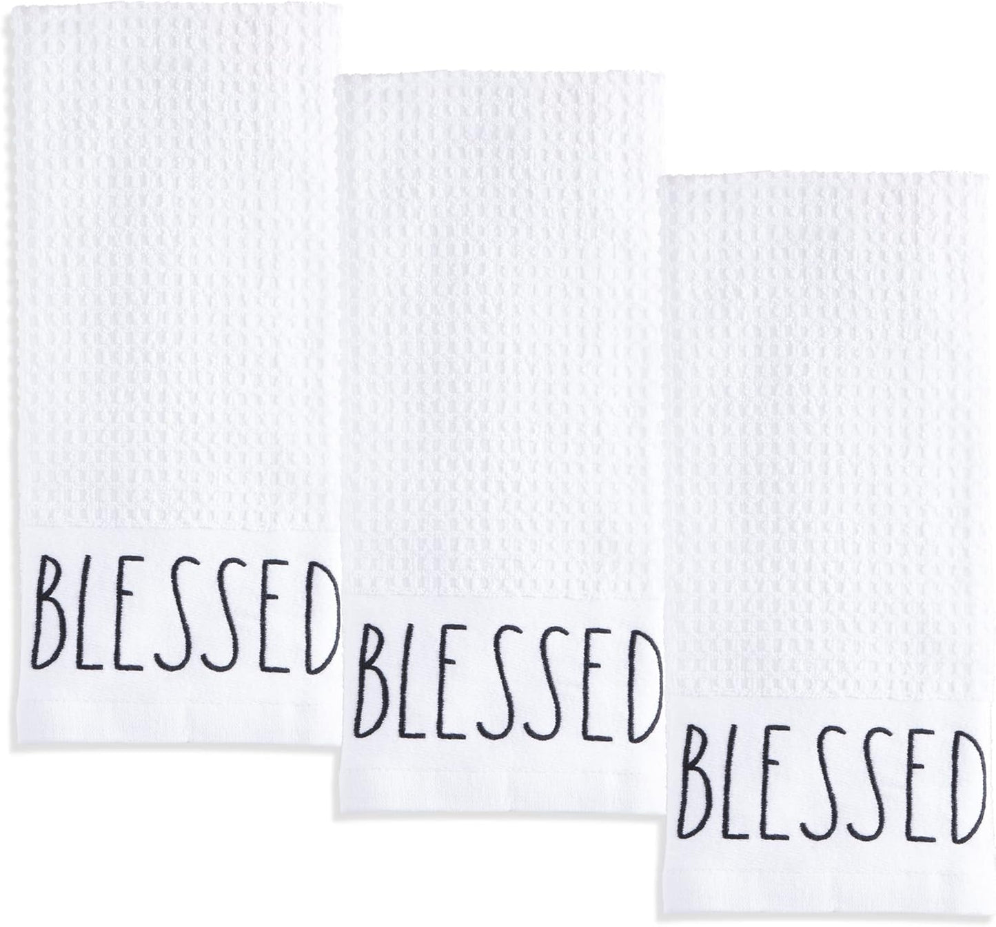 Rae Dunn Set of Hand Towels for Kitchen and Bathroom, 100% Cotton, Embroidered Dish Towels, Decorative Hand Towels, White- Blessed, 3 Pack