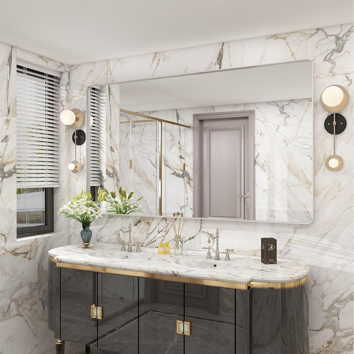 Brushed Nickel Bathroom Mirror 77x36 Inch, Brushed Silver Metal Frame Mirror Wall Mounted, Rounded Rectangle Bathroom Vanity Mirror, Tempered Glass, Anti-Rust, Horizontal/Vertical