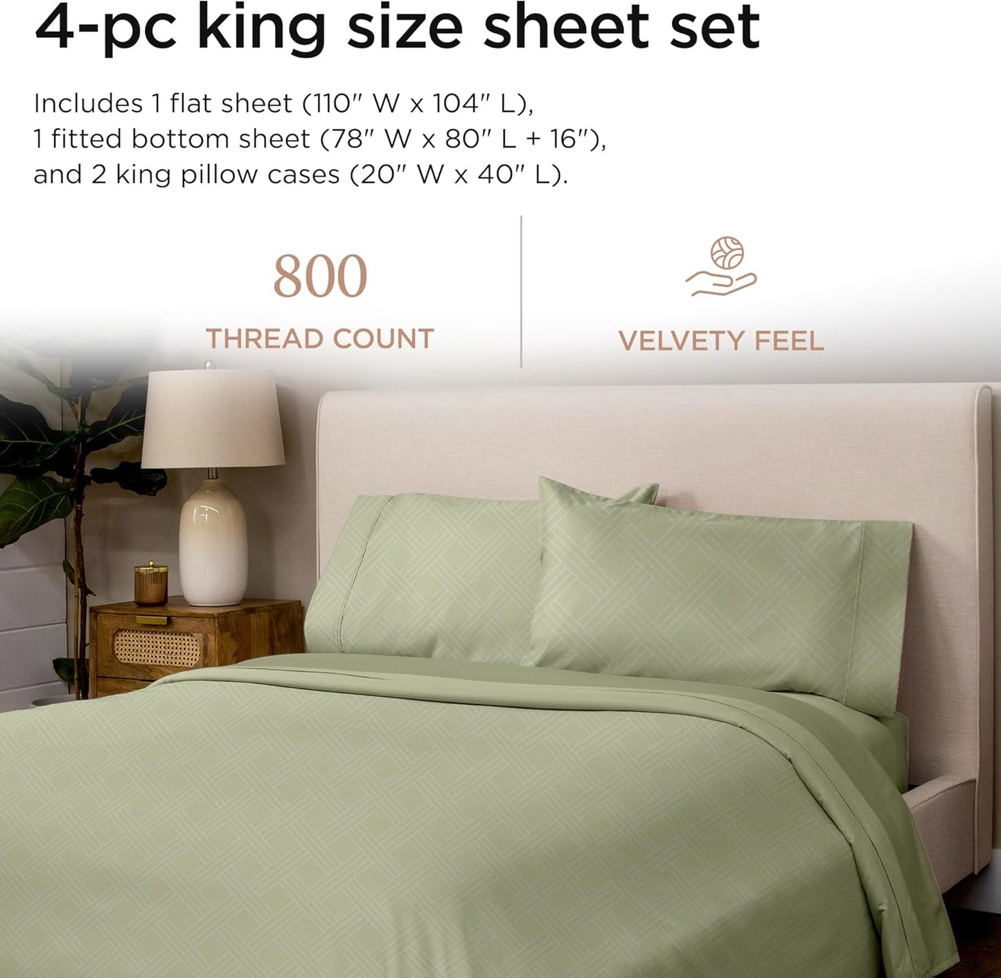 Threadmill King Size Sheets for King Mattress | 800 Thread Count Jacquard Celine Sage Green | Better Than Egyptian Cotton | 4 Pc Bed Sheets | Damask Sheet Fits 16'' Deep Pocket | 100% Cotton Sheets