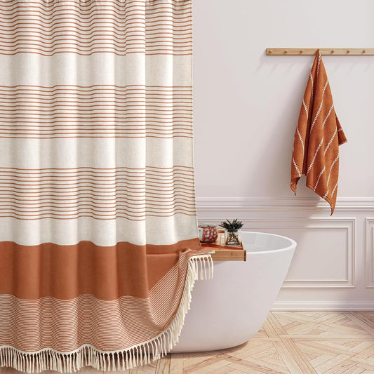 Awellife Farmhouse Shower Curtains for Bathroom,Boho Orange Flax Texture Striped Shower Curtain Shower Curtain with Tassels Rustic Neutral 72x72
