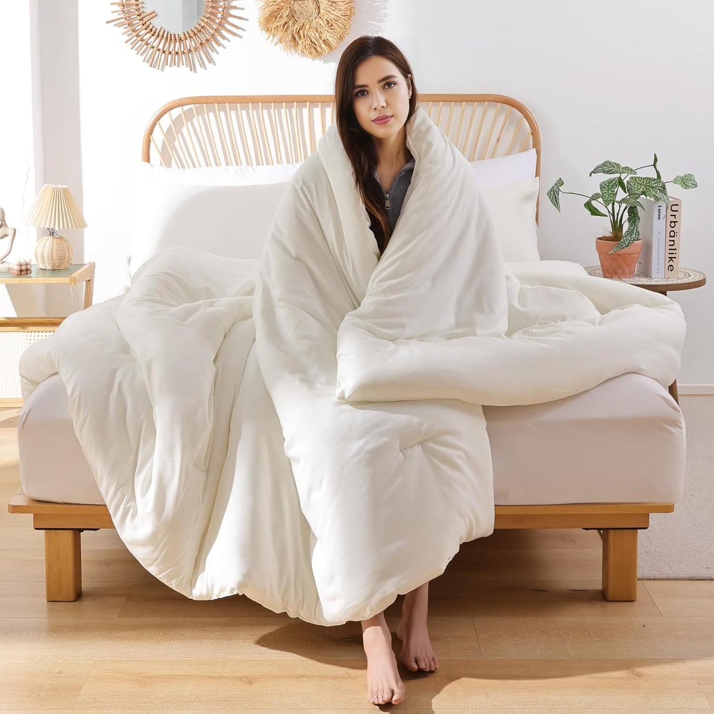 ROSGONIA Oversized King Comforter Ivory, 3pcs(1 Boho Comforter & 2 Pillowcases) Soft Lightweight Oversized King Size Comforter Sets All Season Bedding