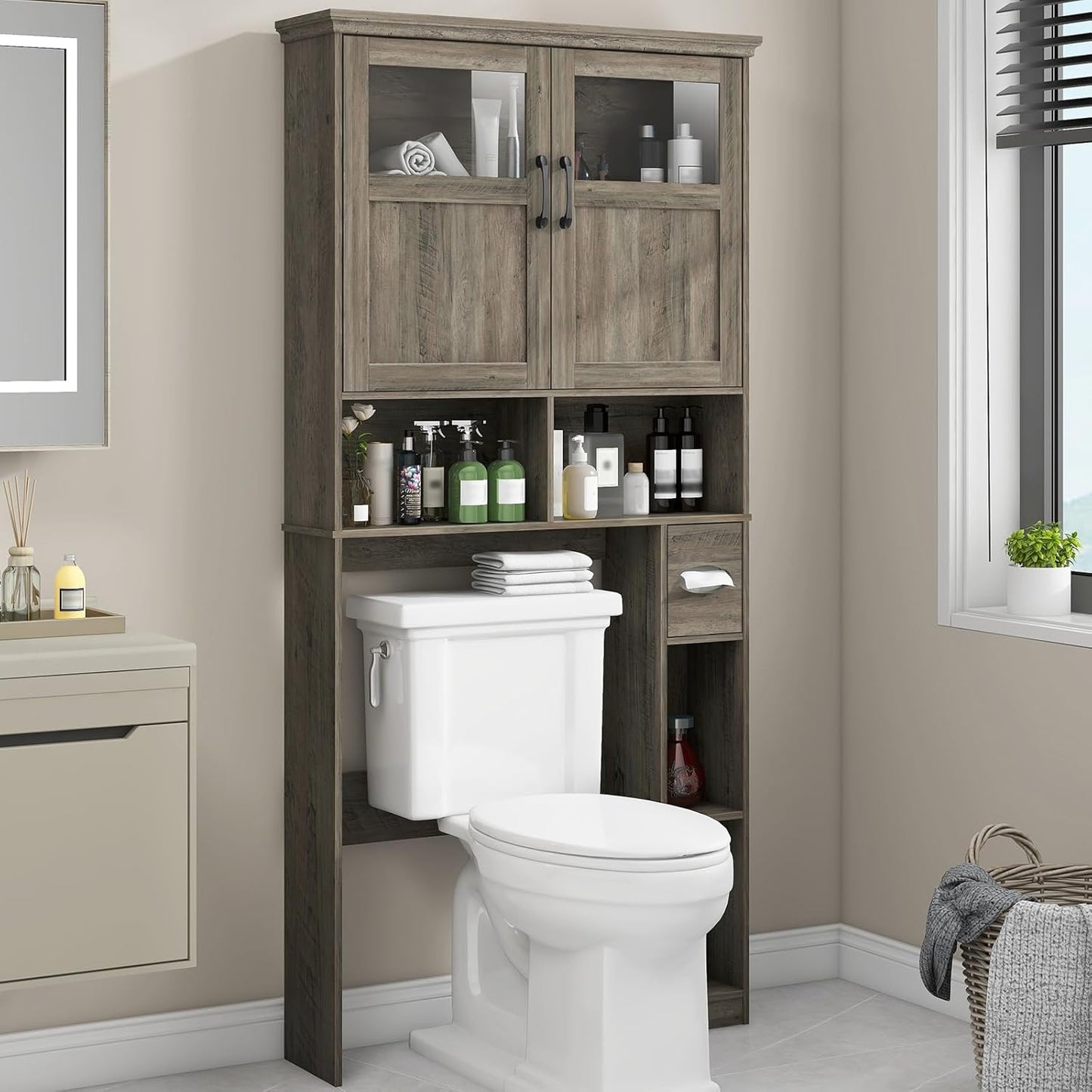 Vabches Over-The-Toilet Storage Cabinet with Double Doors, Toilet Paper Holder Stand & Adjustable Shelf, Freestanding Space Saver, Grey