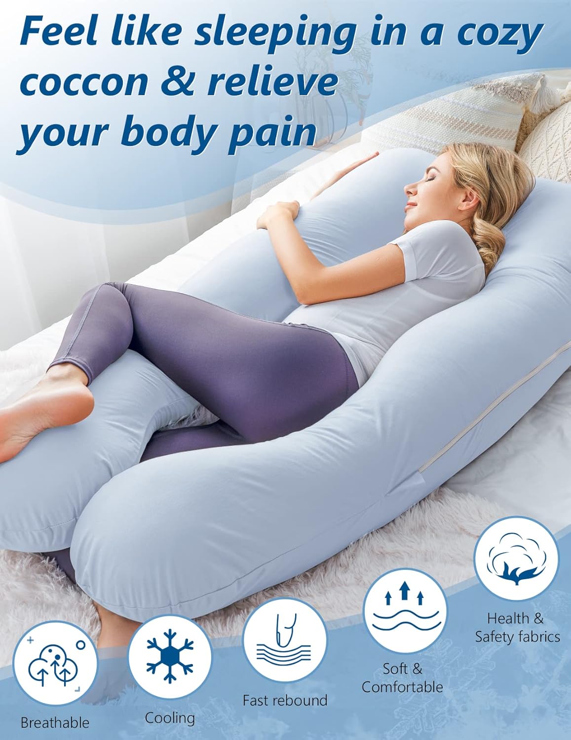 Meiz Pregnancy Pillow, Cooling Pregnancy Pillows for Sleeping, Maternity Pillow for Pregnant Women, Pregnancy Body Pillow with Cooling Jersey Cotton Cover, Blue