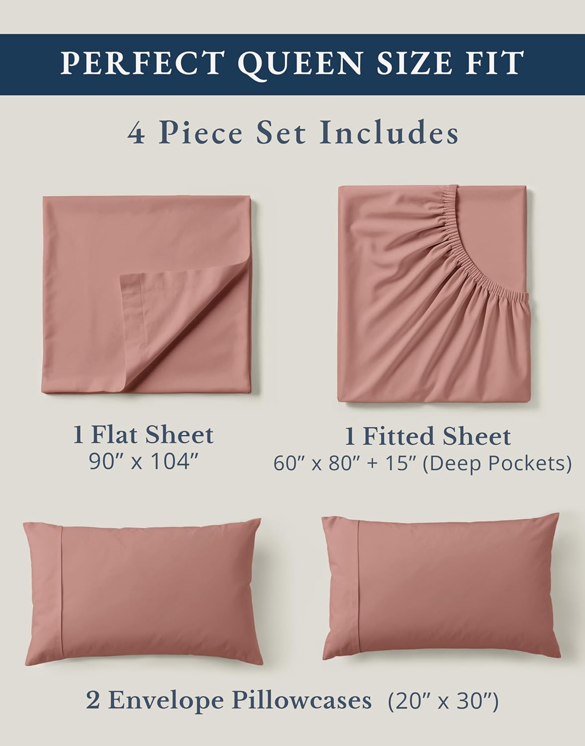 LANE LINEN 100% Organic Cotton Queen Sheets, Eco Friendly Mercerized Cotton Fully Elasticized Bedding Sheets & Pillowcase Set, Low Pill Fade Resistant Naturally Cooling Bedding Queen Size- Rose Dawn