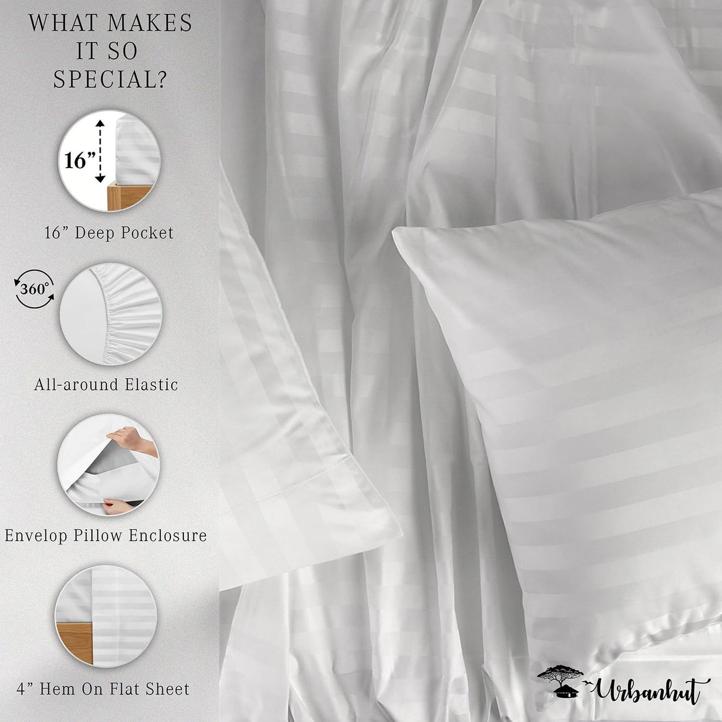 URBANHUT 1000 Thread Count Egyptian Cotton Sheets Damask Striped Queen Size, Long Staple Soft & Breathable, 4 Pc Bed Sheet Sets, Luxury Hotel Sateen Sheets Fits 16" Deep Pocket - White
