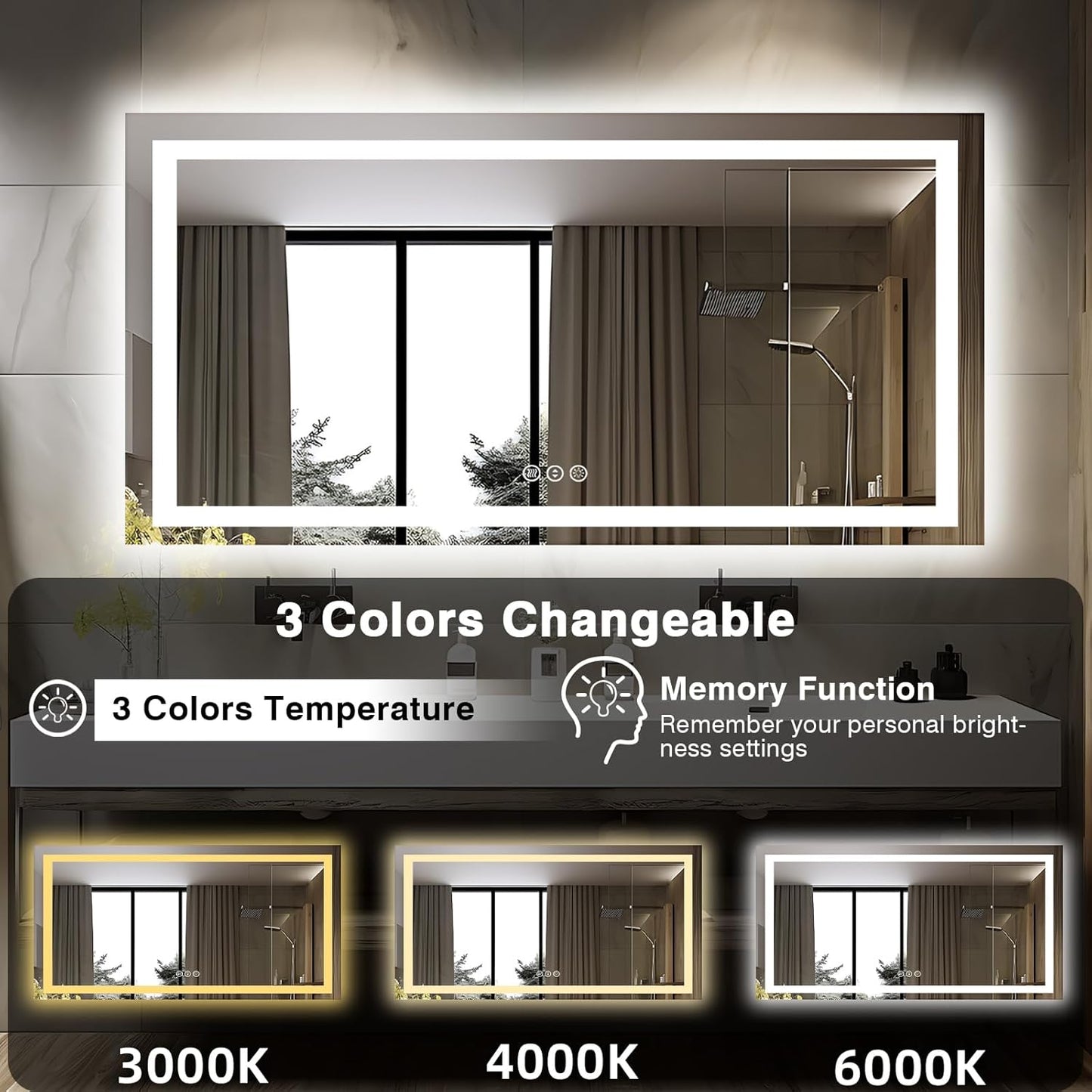 60"x28" LED Bathroom Mirror for Wall, Front and Backlit, Anti-Fog Vanity With Lights, Stepless Dimmable, 3 Colors Smart (Horizontal/Vertical)