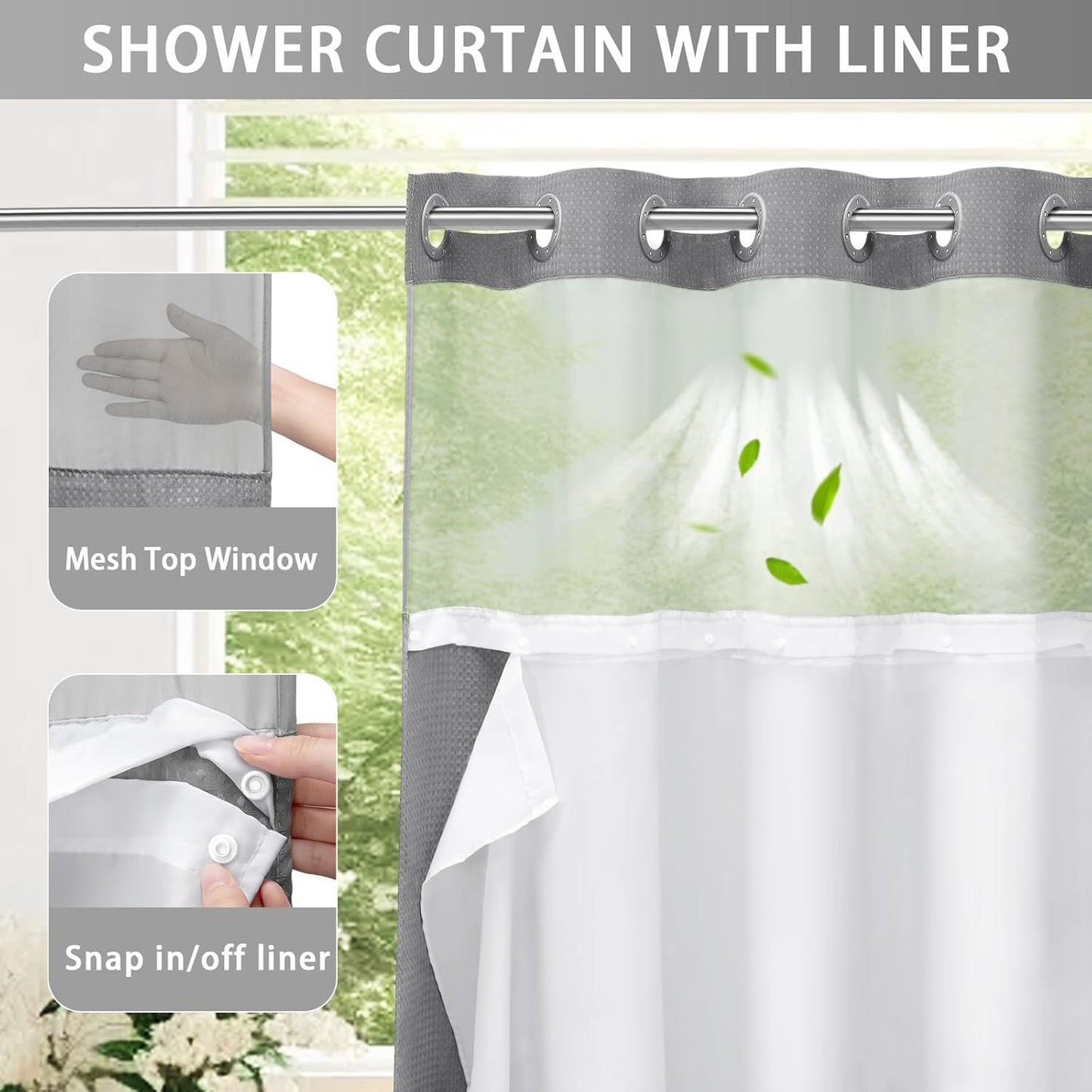 YellyHommy No Hook Shower Curtain with Snap in Liner Set Less Time Grey Waffle Shower Curtain for Bathroom 81" L x 72" W Gray