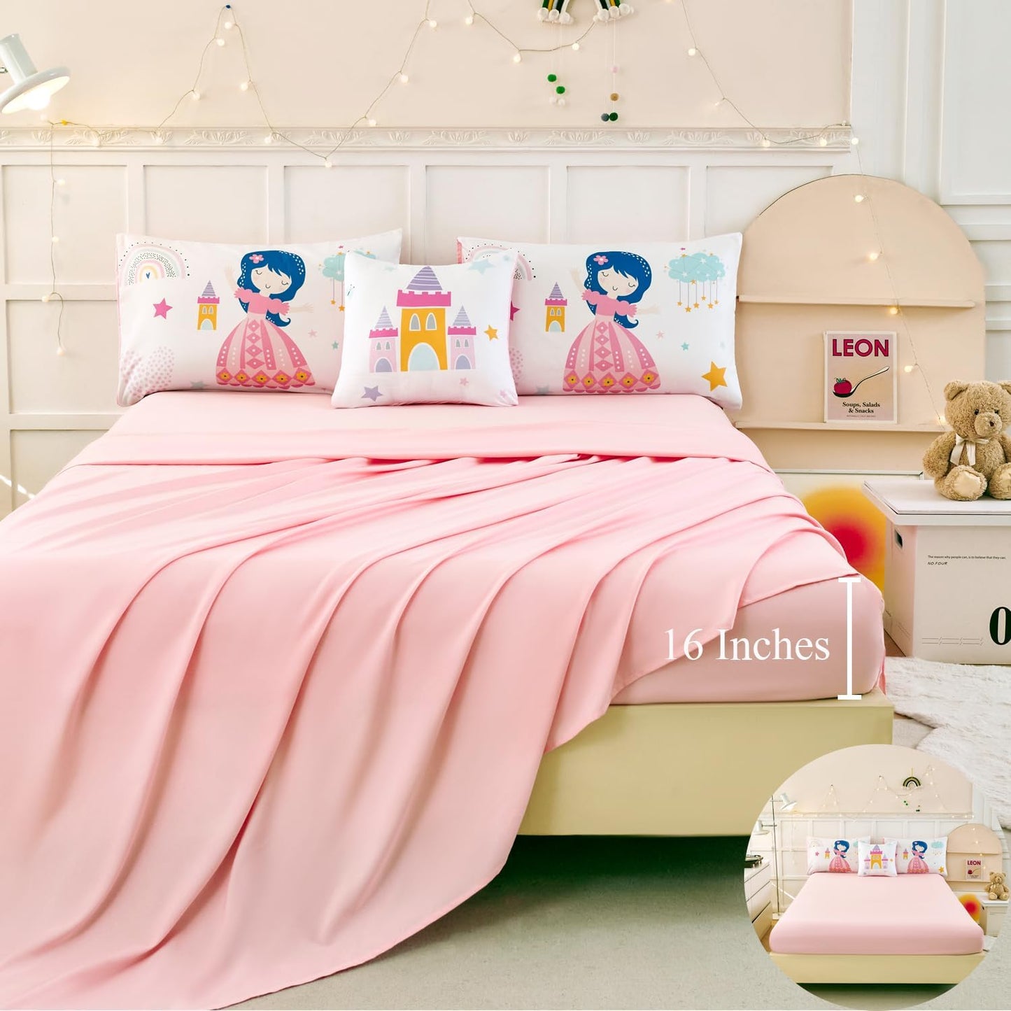 ANGIYUIN Princess Fairy Tales Full Comforter Set for Girls Cartoon Rainbow Love Kids Bed in A Bag with Sheets Cute and Soft Bedding Comforter Set for All Season(Princess, Rainbow, Castel, White)