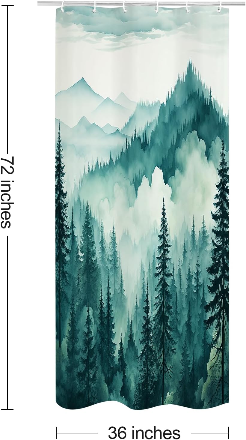 Teal Blue Small Stall Misty Pine Forest Shower Curtain 36 x 72, Mountain Foggy Woodland Scenery Tree Narrow Half Size Shower Curtains for Bathroom, Turquoise Waterproof Nature-Themed Decor