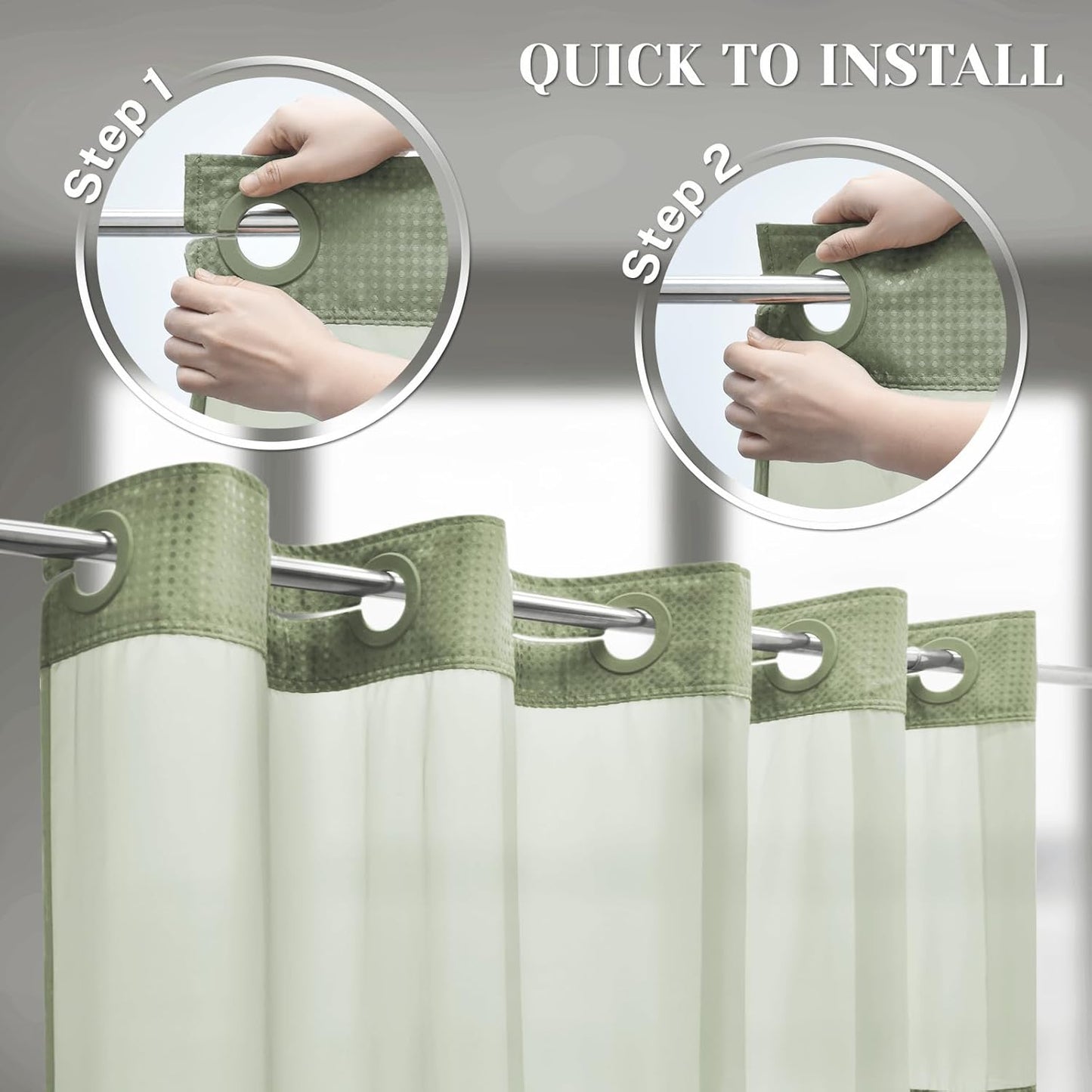 No Hook Shower Curtain with Snap in Liner Set Waffle Shower Curtain for Bathroom Hotel Style Fabric Waterproof Inner Liner，71" W x 74" H, Green