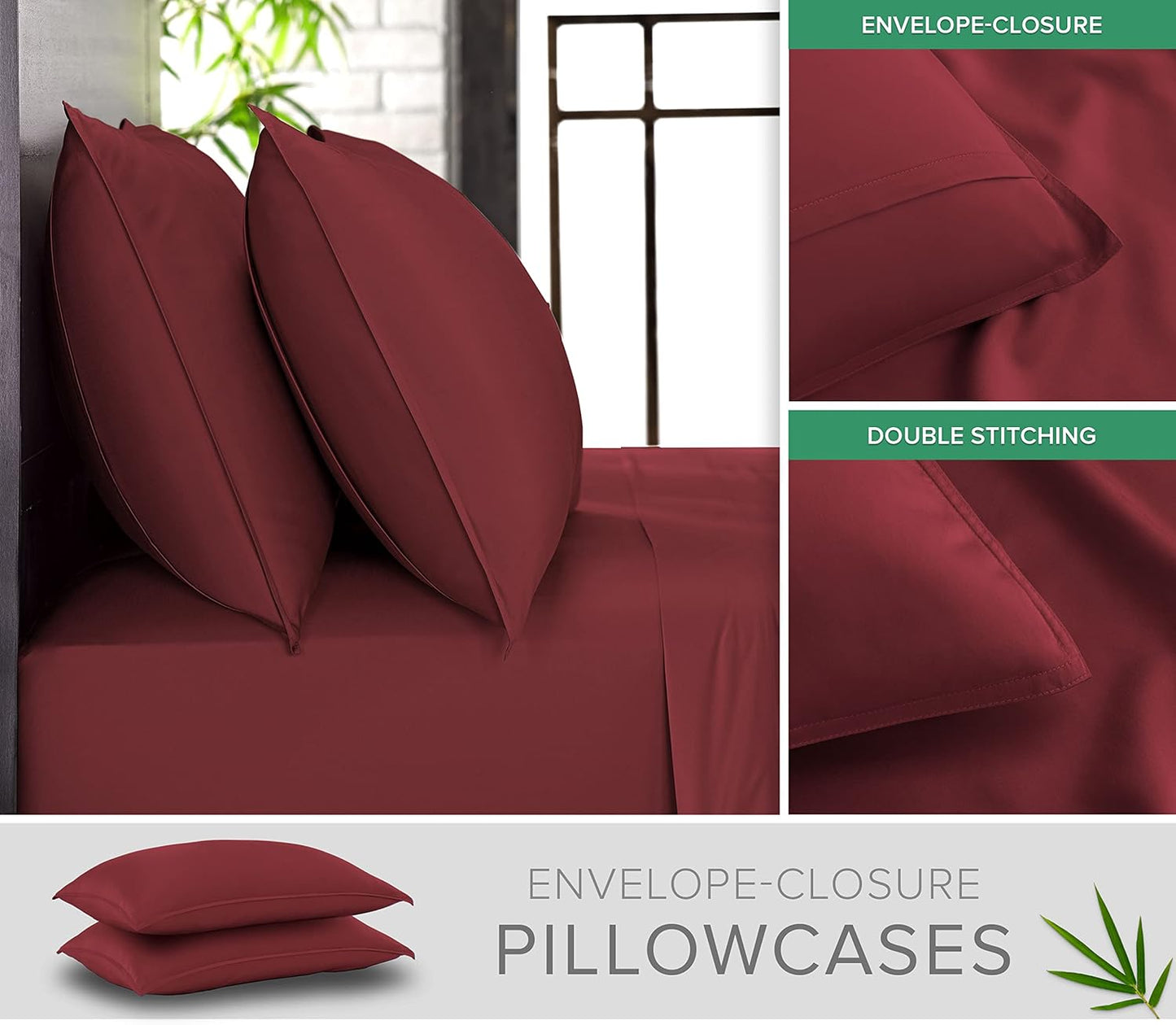 Split King Sheets by Pure Bamboo, Genuine 100% Organic Viscose Derived from Bamboo Bed Sheet Set, Soft & Cooling, Double Stitching *Not for Split Top (Split King, Merlot)
