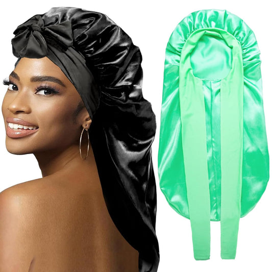 2Pcs Bonnets for Black Women Braid Bonnet, Large Long Satin Bonnet for Braids, Silk Bonnet with Stretchy Tie Band Sleep Cap Hair (2Pcs-Black&Green)