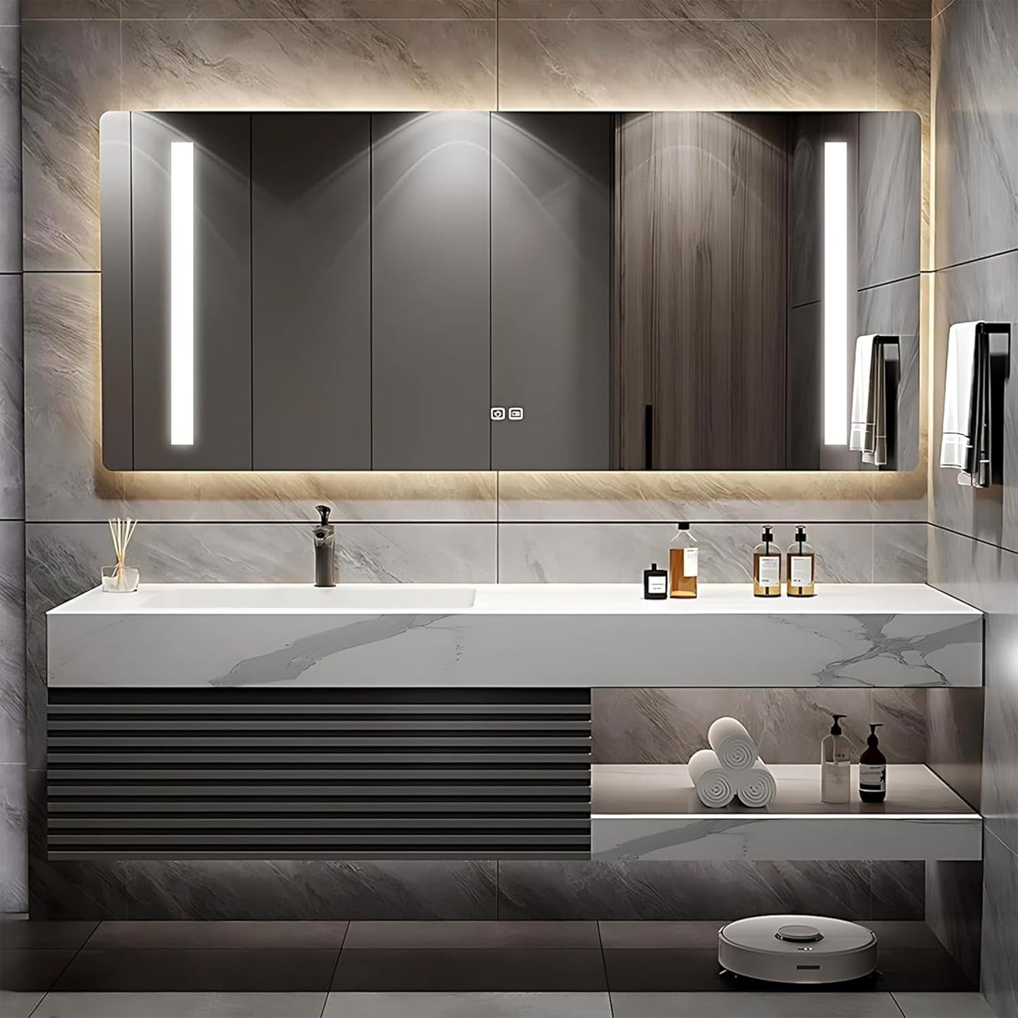 Bathroom Vanity 72 inch, Single Sink Floating Vanity Set Includes Anti-Fog LED Mirror Cabinet, Slate Countertop and Wall-Mount Sink Cabinet, Modern Bathroom Vanities(Greyish Black)