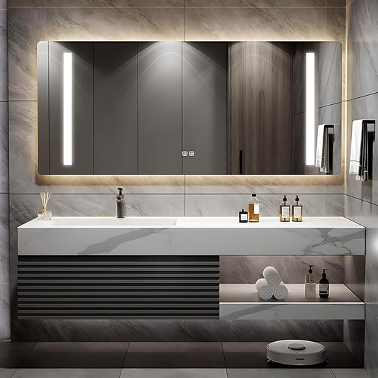Bathroom Vanity 68 inch, Single Sink Floating Vanity Set Includes Anti-Fog LED Mirror Cabinet, Slate Countertop and Wall-Mount Sink Cabinet, Modern Bathroom Vanities(Greyish Black)