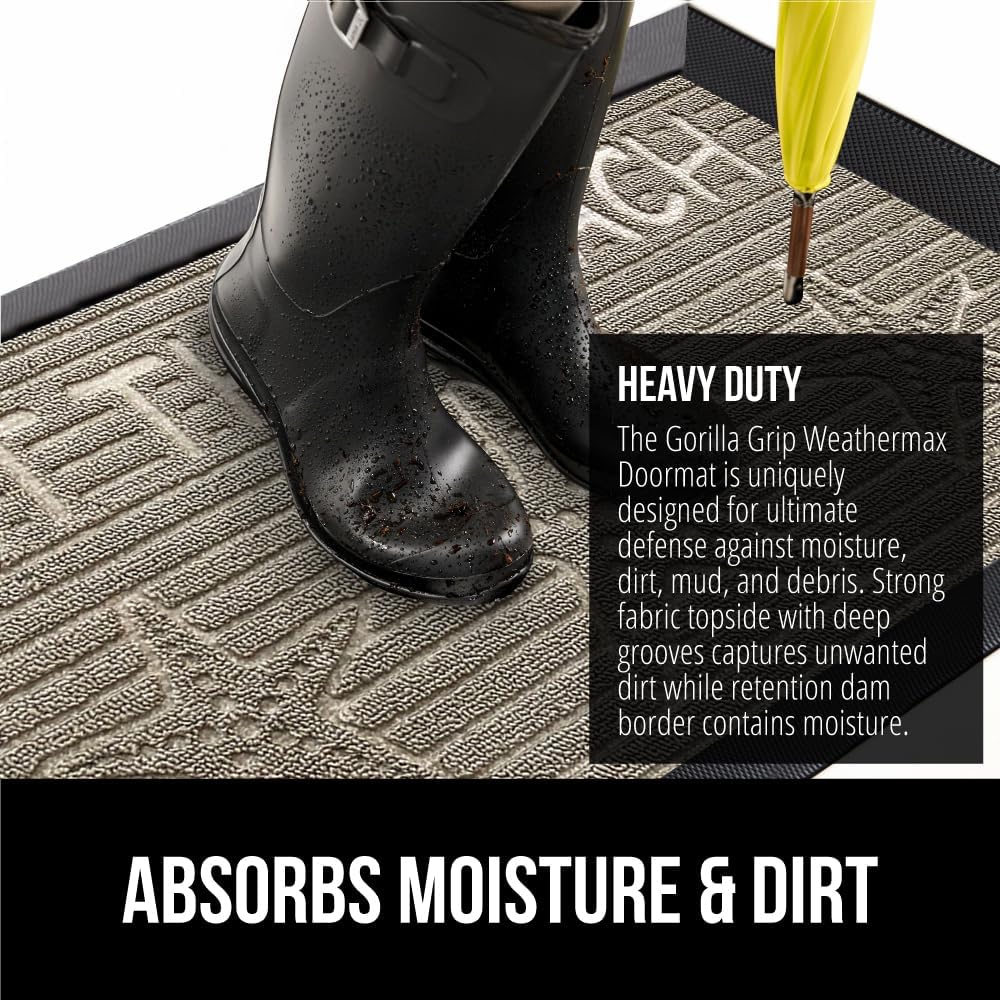 GORILLA GRIP 100% Waterproof All-Season WeatherMax Doormat US Designed Natural Rubber, Stain and Fade Resistant, Low Profile Indoor Outdoor Door Mats, Easy Clean Patio Mat, 17x29, Sand Beach