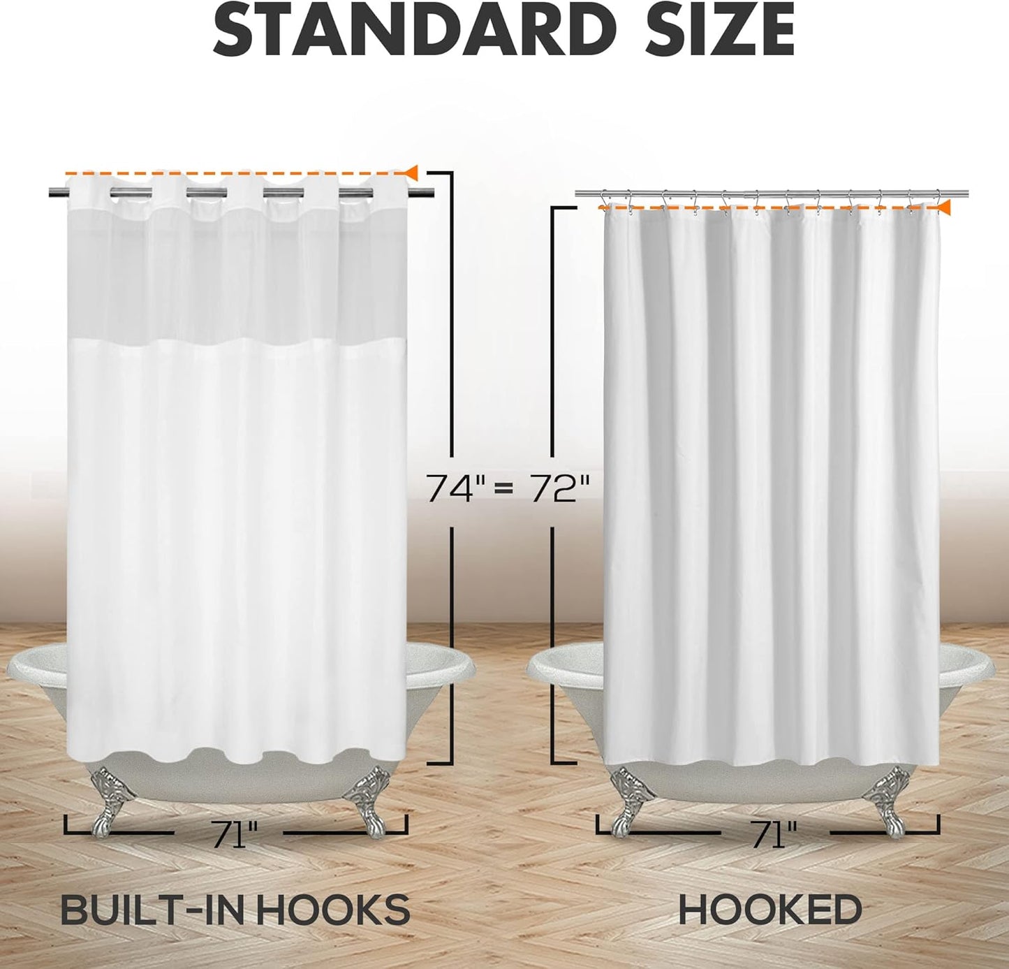 No Hook Slub Textured Shower Curtain with Snap-in PEVA Liner Set - 71" x 74"(72"), Hotel Style with See Through Top Window, Fabric Outer Curtain & Waterproof Inner Liner, White, 71x74