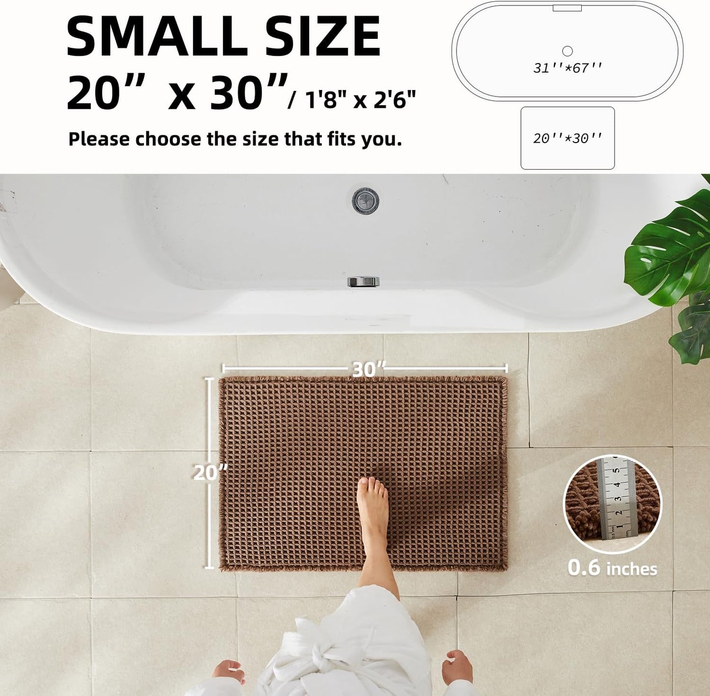 Waffle Bath Mat, Boho Bathroom Rugs Non Slip Washable Super Absorbent Quick Dry Bath Mat Farmhouse Bathroom Decor, 30"x20" Mocha
