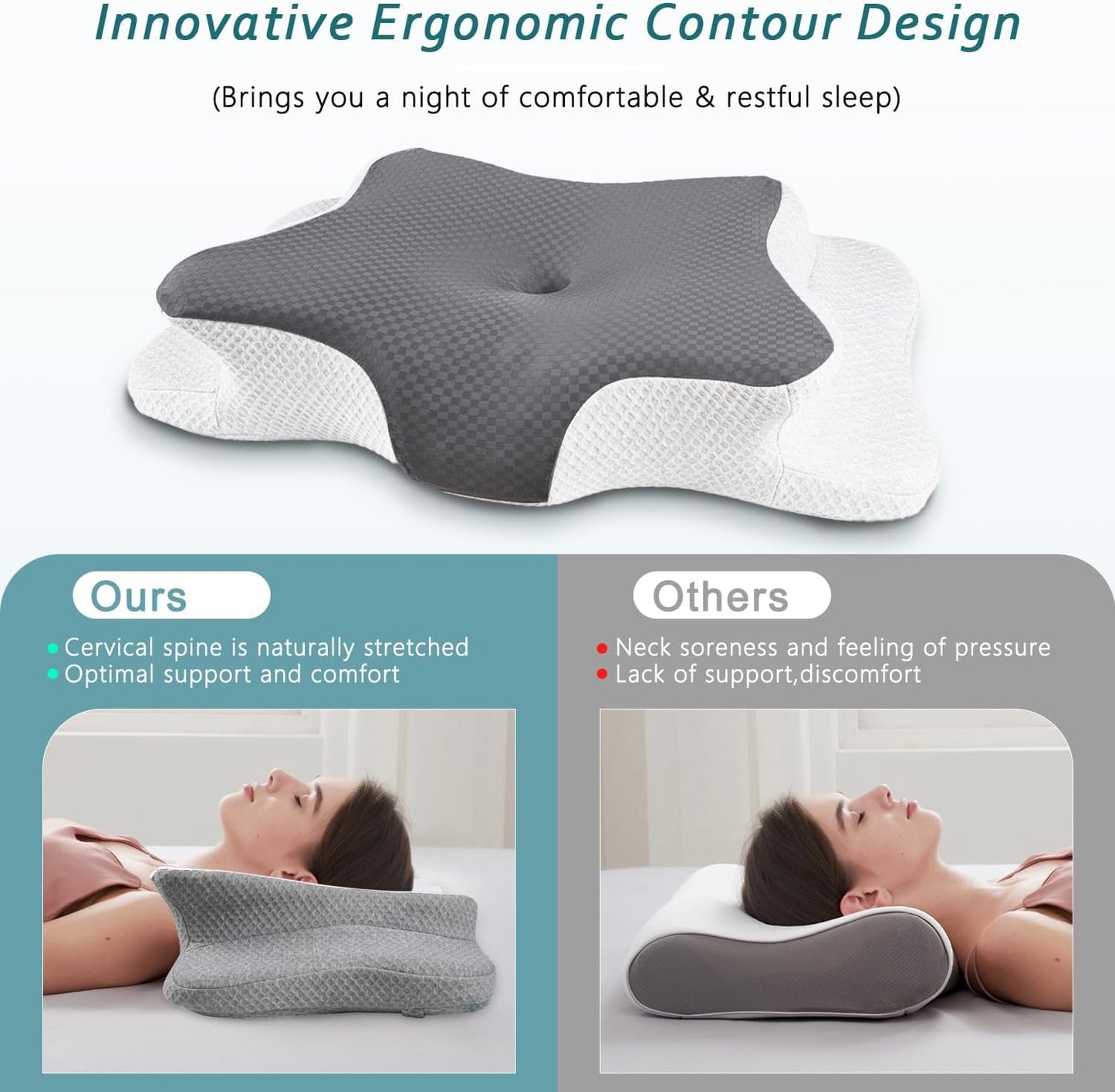 Cervical Neck Pillow for Pain Relief Sleeping, Contour Memory Foam Pillow, Ergonomic Side Sleeper Pillow for Adults, Cooling Orthopedic Neck Support Pillow for Back Stomach Sleepers