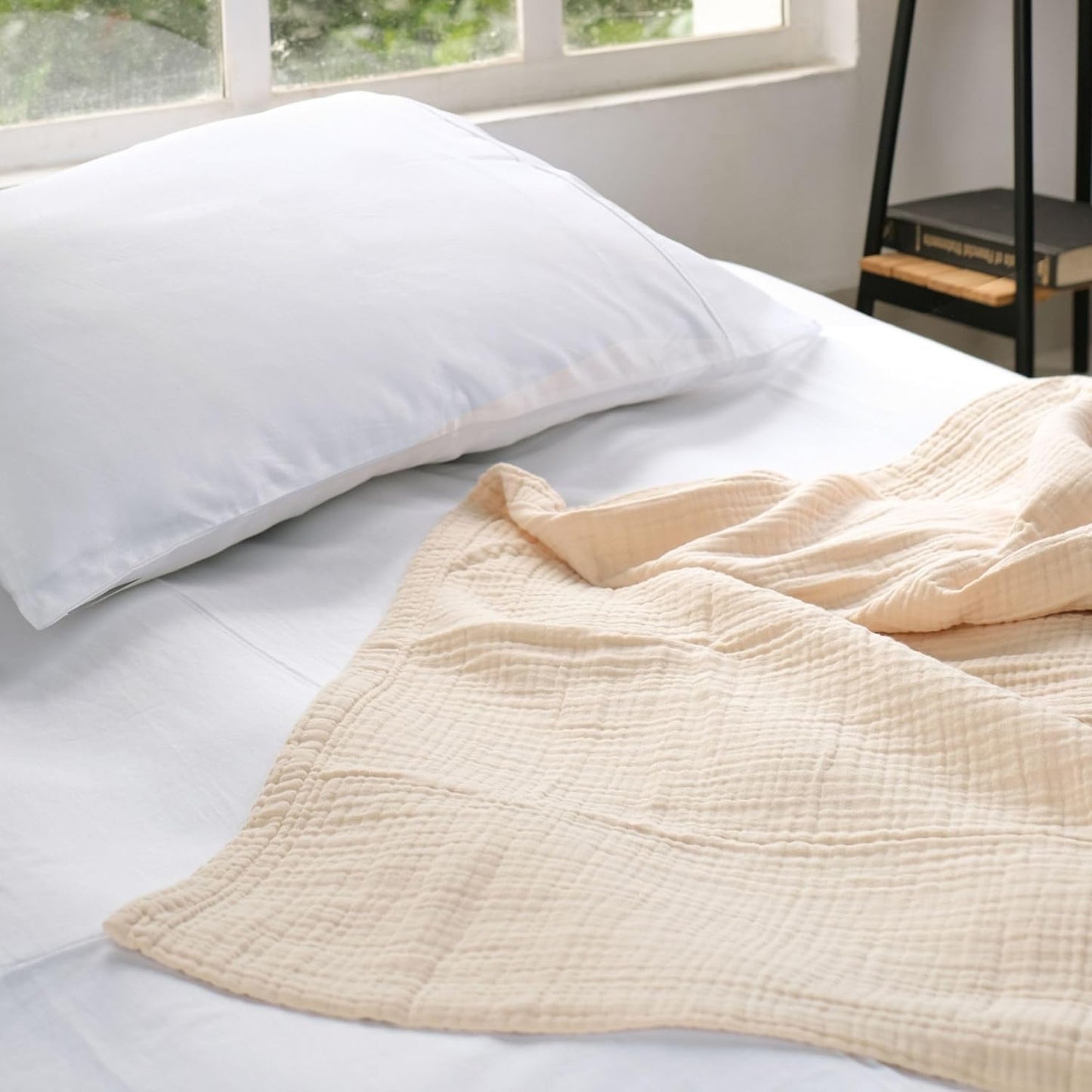 Salt Earth 100% Cotton Muslin Blanket, Gauze Blanket 80"X90" Queen, 4 Layered for Couch, Bed, Living Room,Lightweight & All Seasons Blankets & Throws, Easy to wash,Nature & Skin Friendly (Parchment)