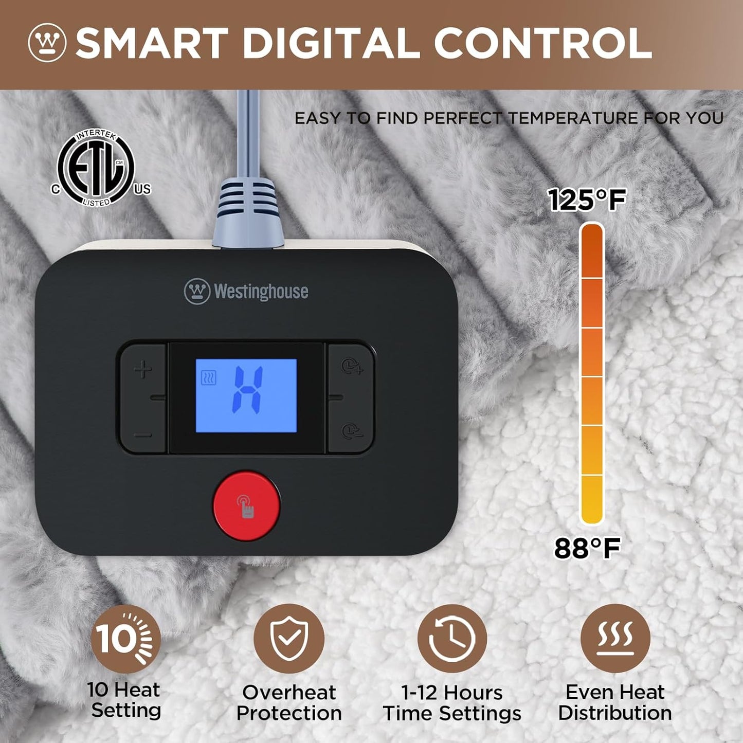 Westinghouse Electric Blanket Full Size, Super Cozy Luxury Faux Fur & Sherpa Heated Blanket with 10 Heating Levels & 1-12 Hours Auto Off, Fast Heating Blanket, Machine Washable, 80x 84 Inch Light Grey