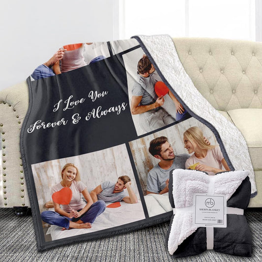 Custom Sherpa Fleece Blanket with Photos, Text, Soft, Warm, Fuzzy - Personalized Couples Gifts for Boyfriend, Girlfriend - Customized Picture Blanket for Birthday, Anniversary, Christmas
