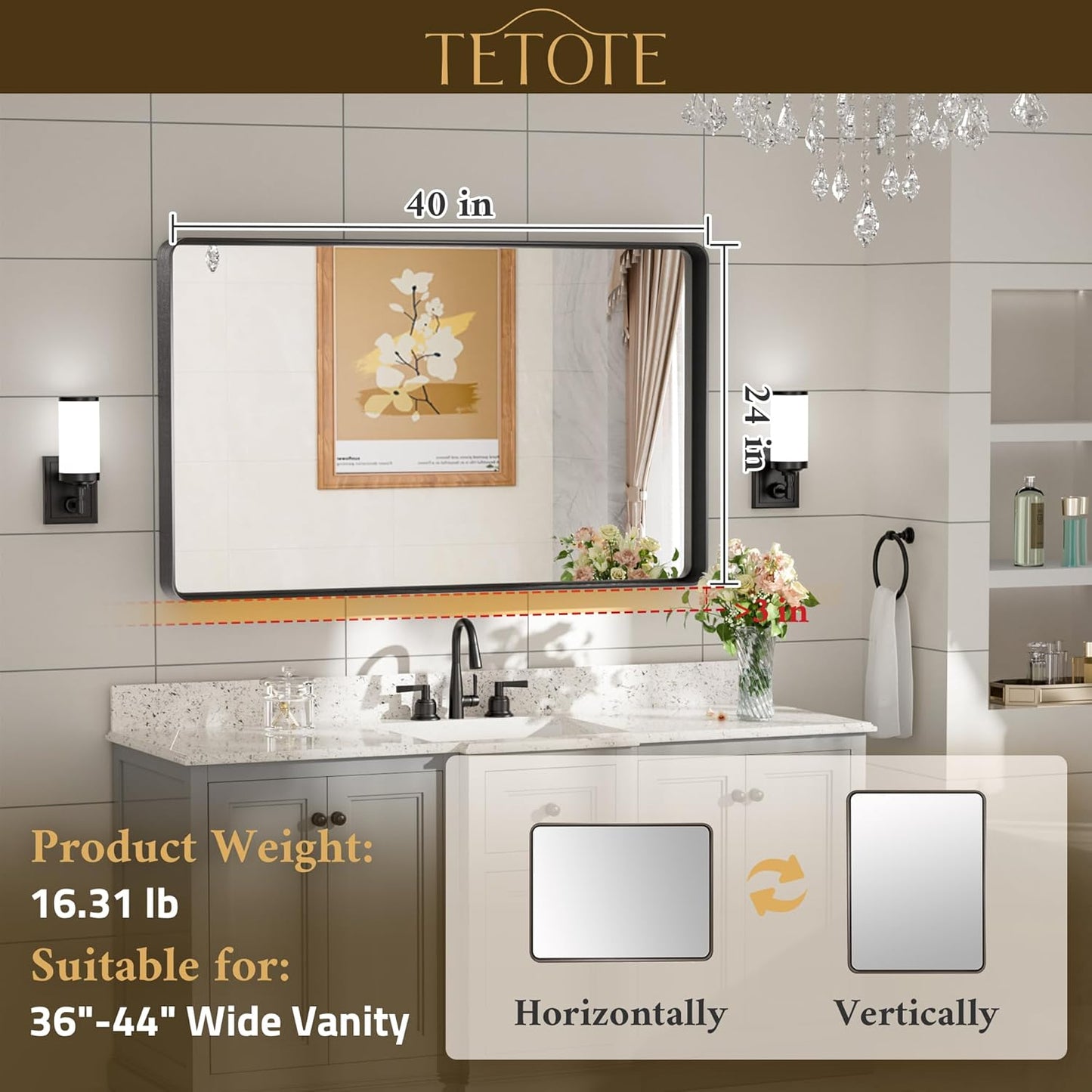 TETOTE Black Framed Bathroom Mirror, 40 x 24 Inch Matte Metal Frame Vanity Mirror, Modern Farmhouse Wall Mounted Rectangle Mirror (Horizontal/Vertical)