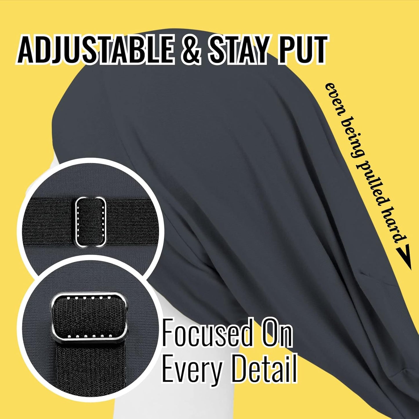 Satin Lined Sleep Cap Bonnet for Curly Hair and Braids, Stay On All Night Hair Wrap with Adjustable Strap for Women and Men, Black Grey, Pack of 1