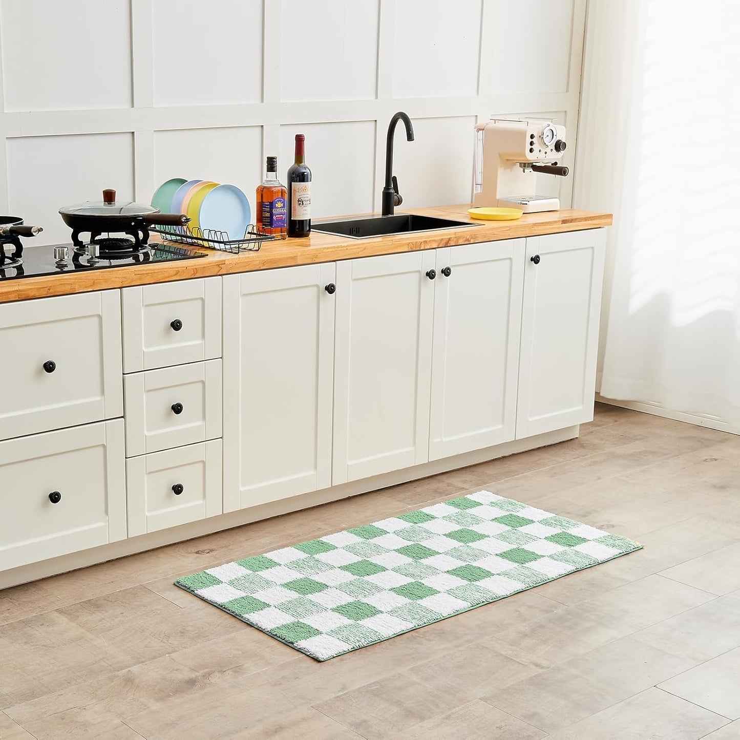 CozeCube Bath mats for Bathroom Non Slip, Fluffy Absorbent Microfiber Bath mat Washable, Aesthetic Bathroom Rugs, Long Sage Green Checkered Bath Runner, Sage Green, 59" x 24"