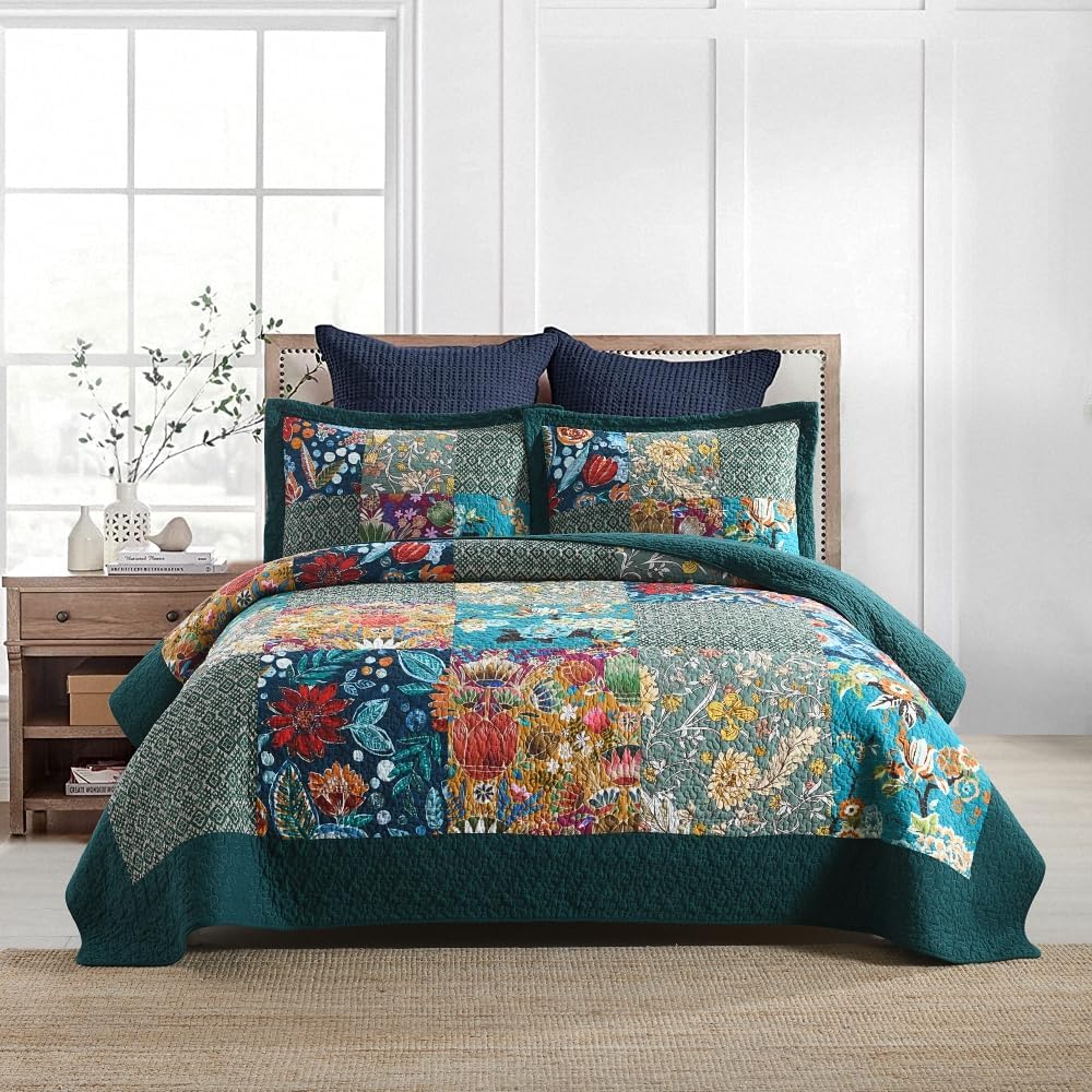 ENASAL Cotton Bedspread Quilt Sets Reversible Bedding Coverlet Sets Comforters, Patchwork Vintage Floral Turquoise Bedspread, Queen Size