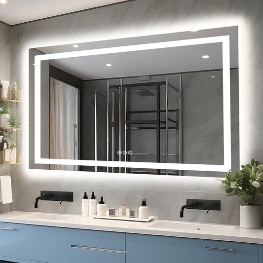 66"x36" LED Lit Bathroom Mirror, Front and Backlit LED Mirror, Anti-Fog Bathroom Mirror with Lights, 3 Colors Stepless Dimmable Mirror, Touch Sense (Horizontal/Vertical)