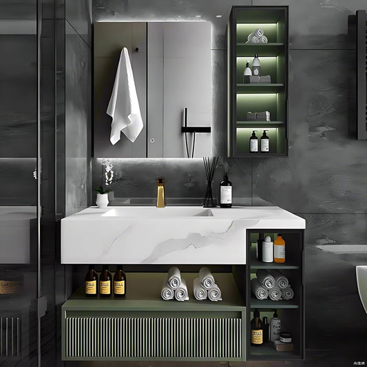 Floating Vanity for Bathroom, 36" Green Bathroom Vanity Set with LED Defog Mirror and Side Medicine Cabinet, Wall Mount Bathroom Storage Cabinet with Glass Door, Single Sink Bath Vanities - Green