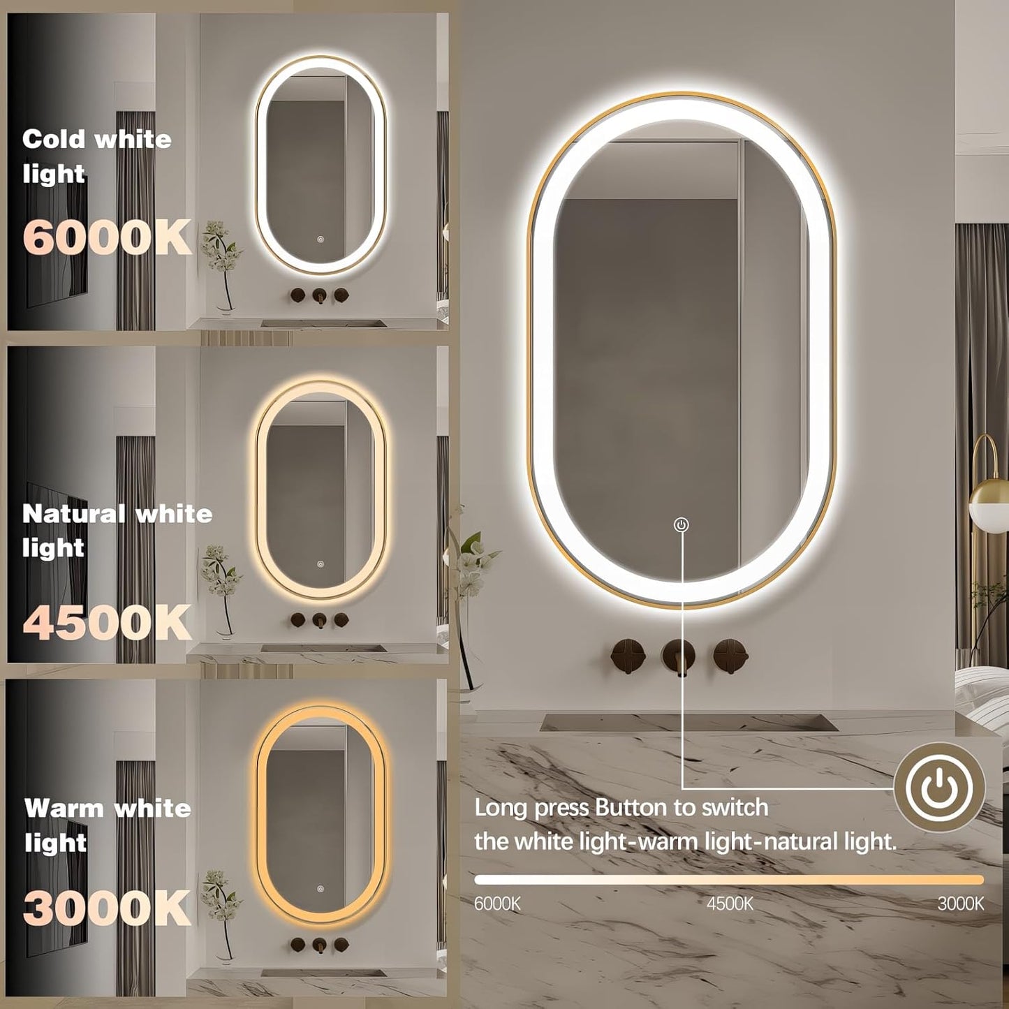 40"x24" Oval LED Bathroom Mirror with Lights, Gold Anti Fog Lighted Vanity Mirror Wall Mounted, Stepless Dimmable LED Oval Mirror, Memory, ShatterProof, Front/Backlit, Horizontal/Vertical