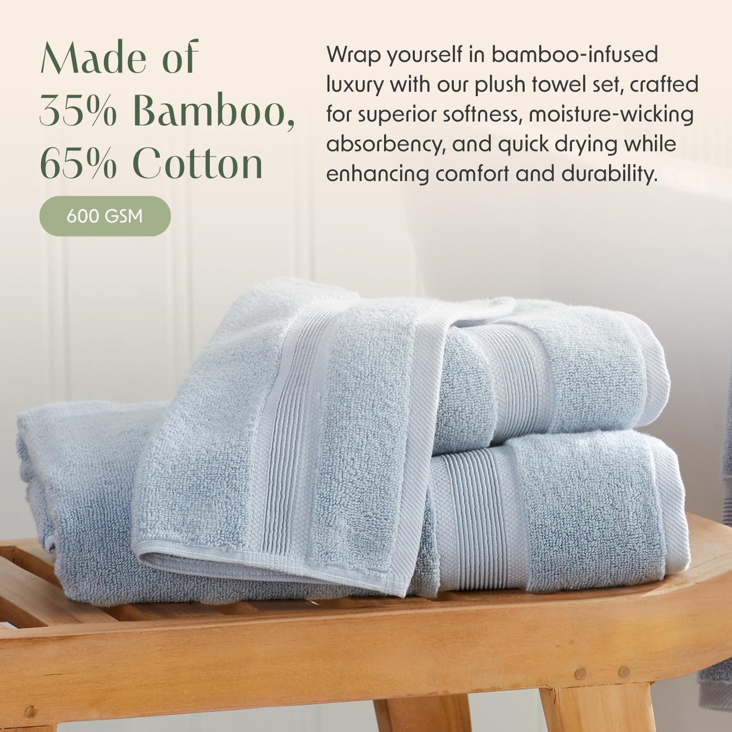 Springtree Home Luxury Bamboo Rayon Bath Towel Set of 4 | 35% Bamboo Rayon - 65% Cotton | Absorbent Quick-Dry Towels for Bathroom | Oeko-TEX Standard 100 Cotton | Blue Fog - 4 Pack