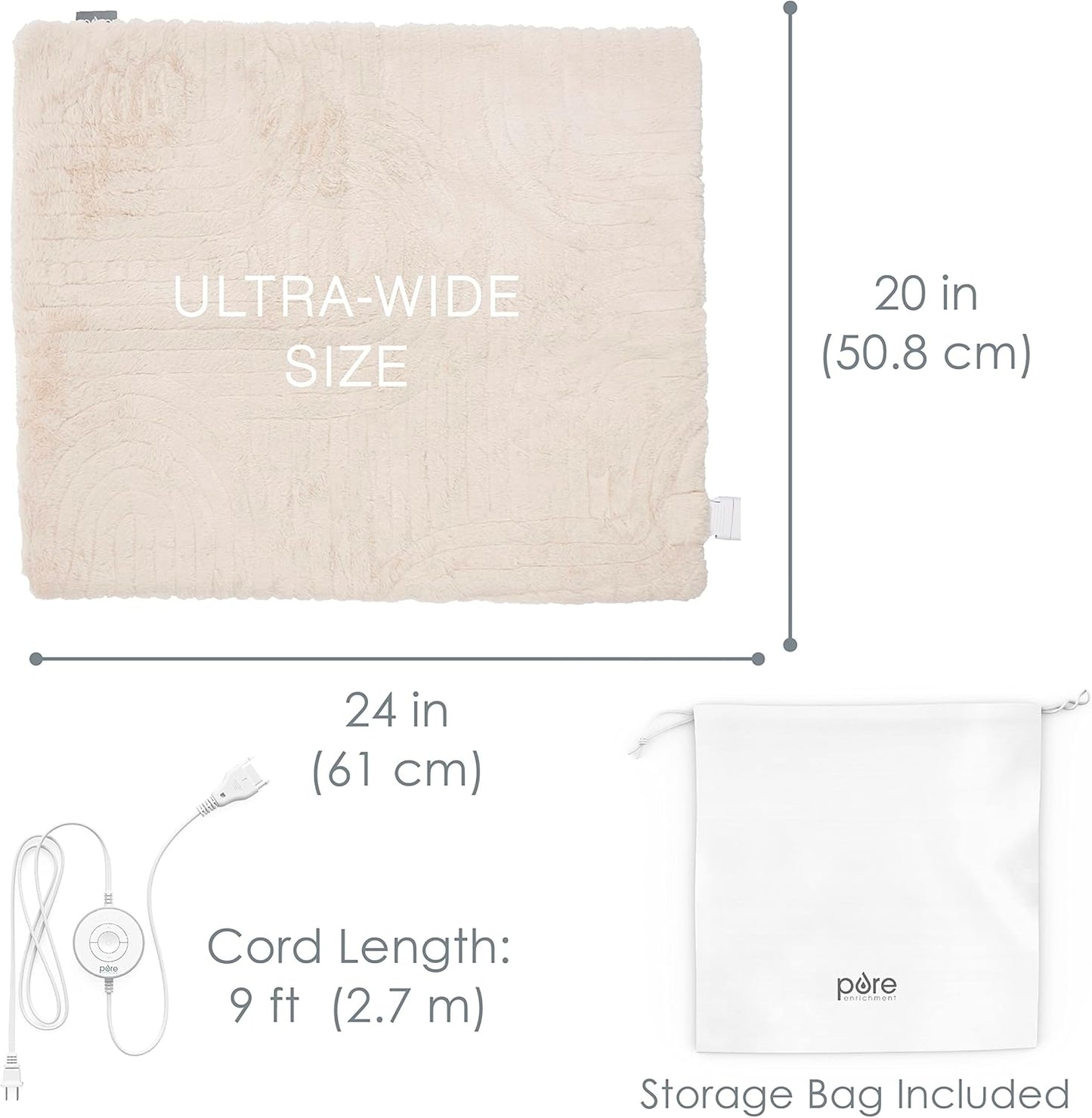 Pure Enrichment PureRadiance Ultra-Wide Luxury Heating Pad for Cramps & Back Pain Relief, Patented Design, Soft Faux Fur & Micromink, 6 Heat Settings, Machine Washable, Large, 20”x24” (Golden Sands)