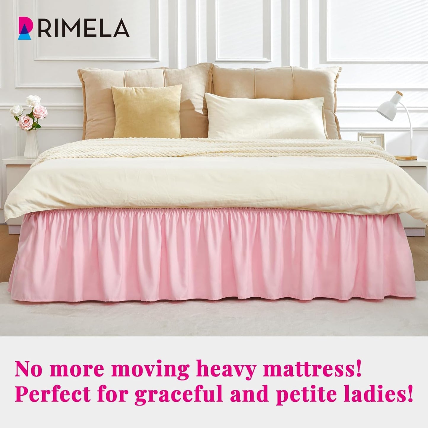 RIMELA Pink Bed Skirt Queen Size 18 Inch Drop, Elastic Bed Skirting for Bed Base and Frame, Bedding Dust Ruffle Easy to Install, Lightweight Wrap Around Adjustable Bedskirt