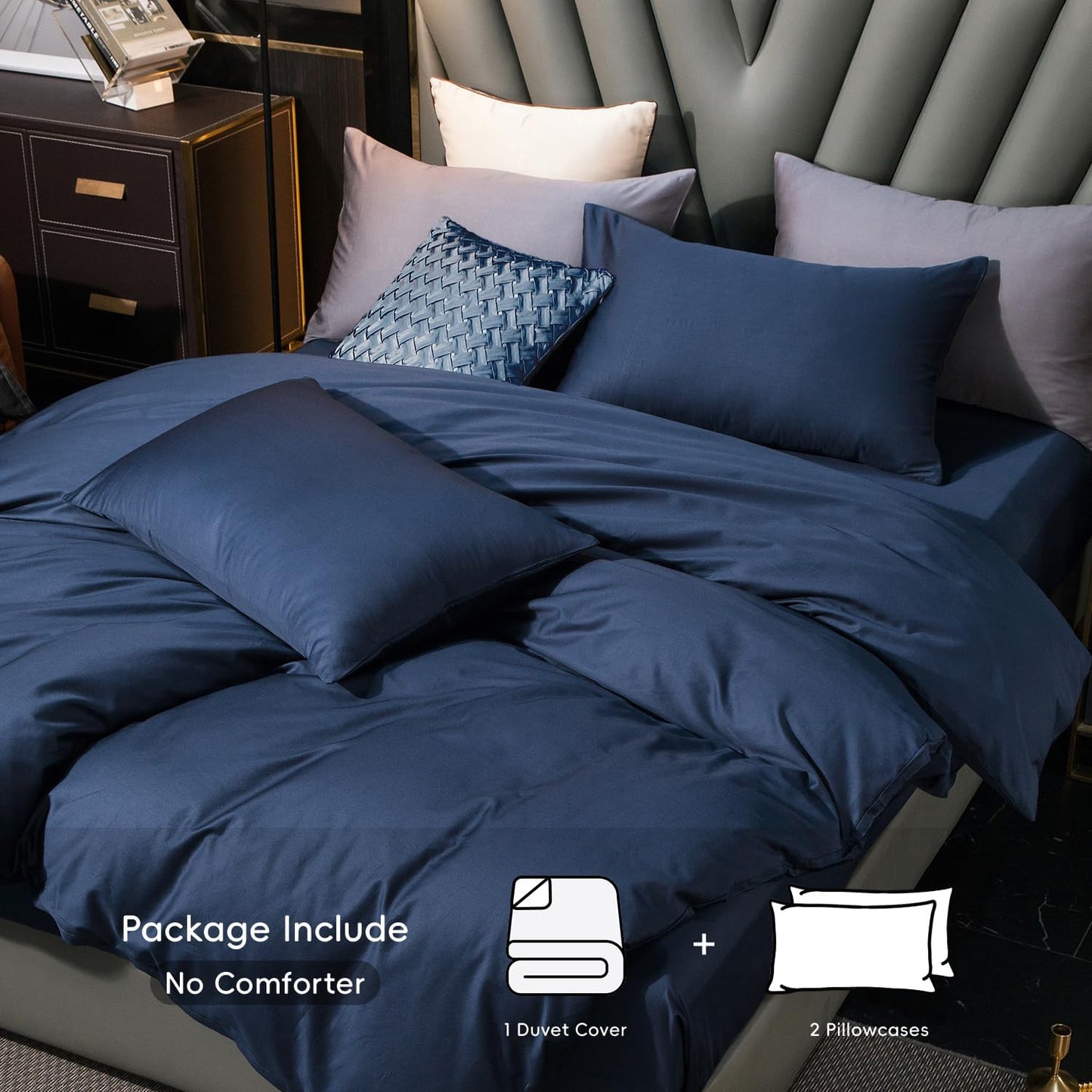 MooMee Duvet Cover Set 100% Extra Long Staple Cotton 600 Thread Count Silky Sateen Smooth Luxury Soft Breathable Durable Hotel Quality Bedding, 3 Pieces (Navy Blue, King 104"x90")