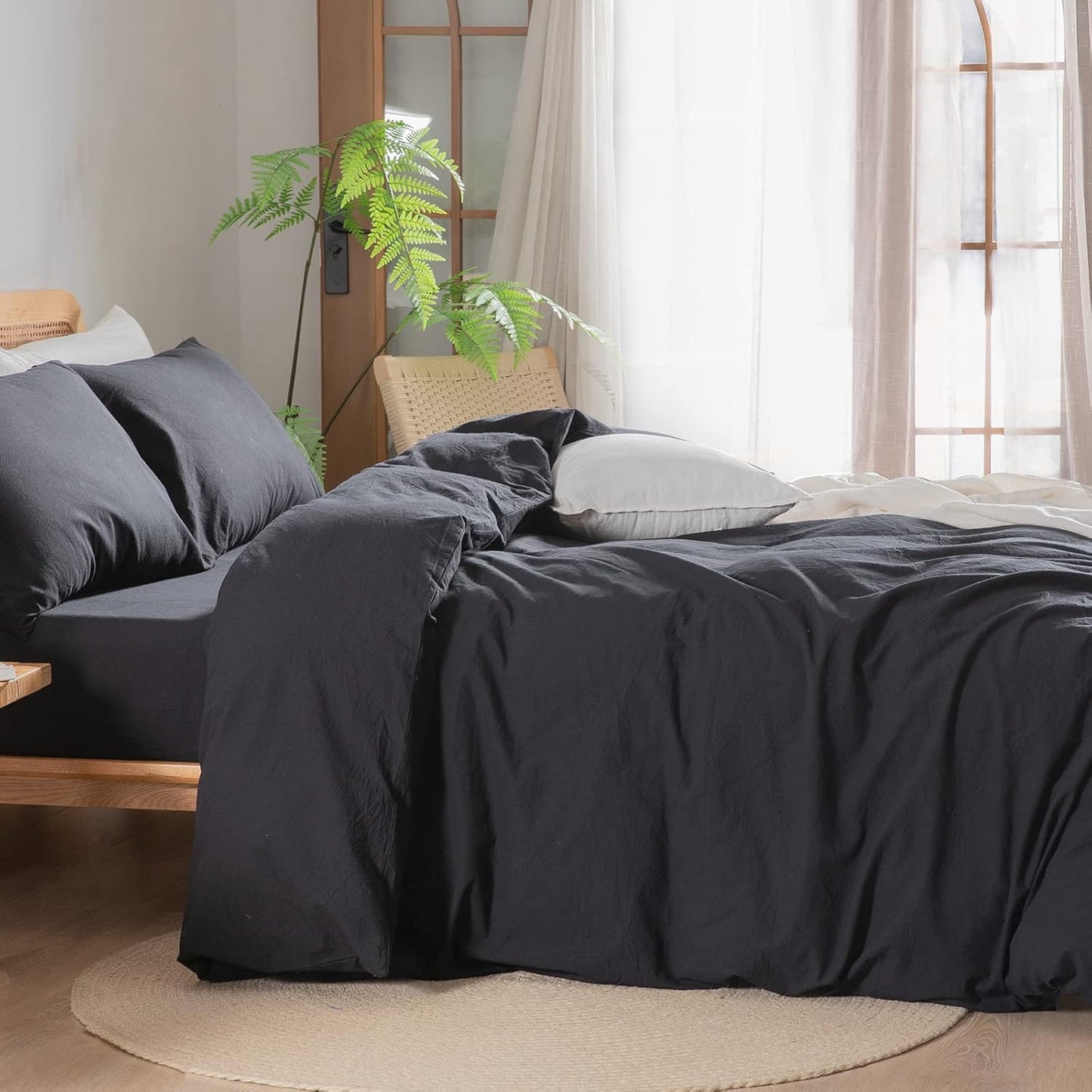 BESTOUCH Duvet Cover Set 100% Washed Cotton Linen Feel Super Soft Comfortable Chic Lightweight 3 PCs Home Bedding Set Solid Deep Black Super Queen