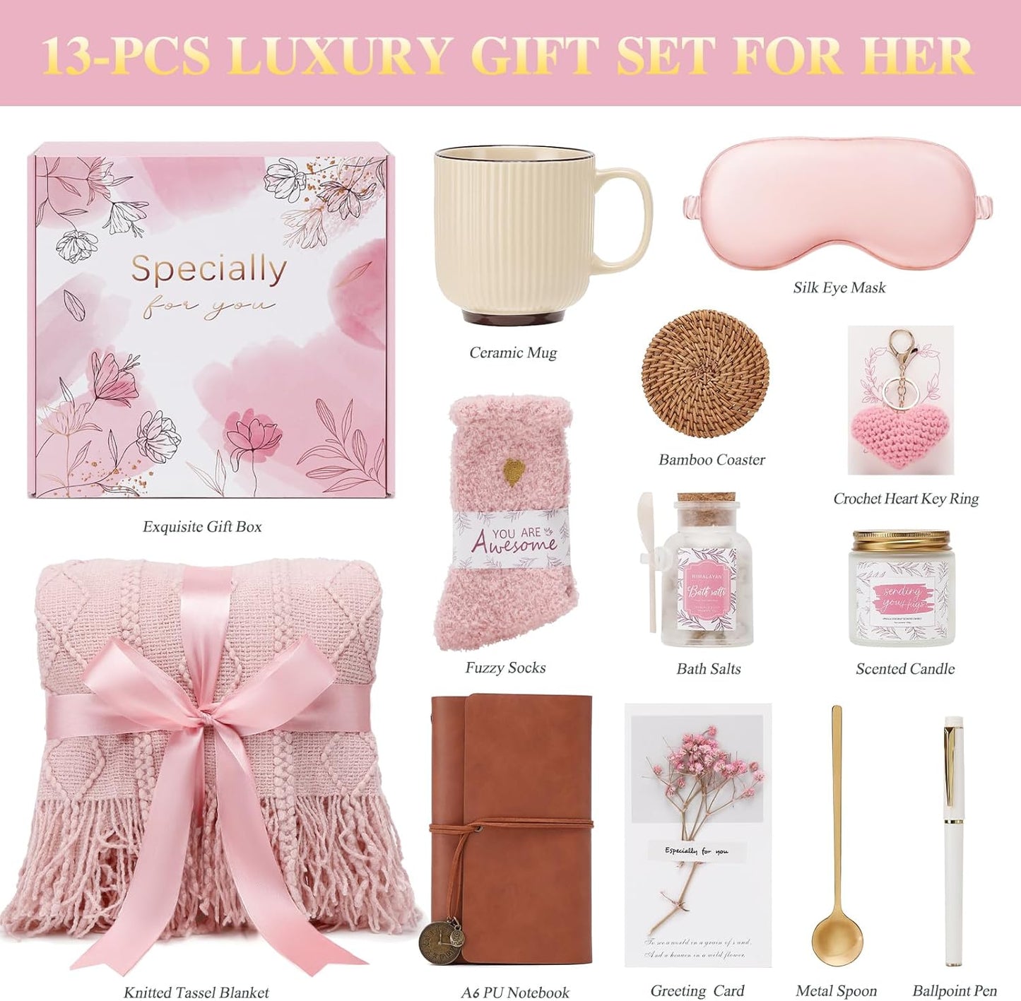 Get Well Gifts for Women Self Care Gift Basket - Birthday Gifts for Women Spa Care Package - Sympathy Inspirational Thinking of You Gift Set for Her Mom Sister Friend Wife Girlfriend (Pink)