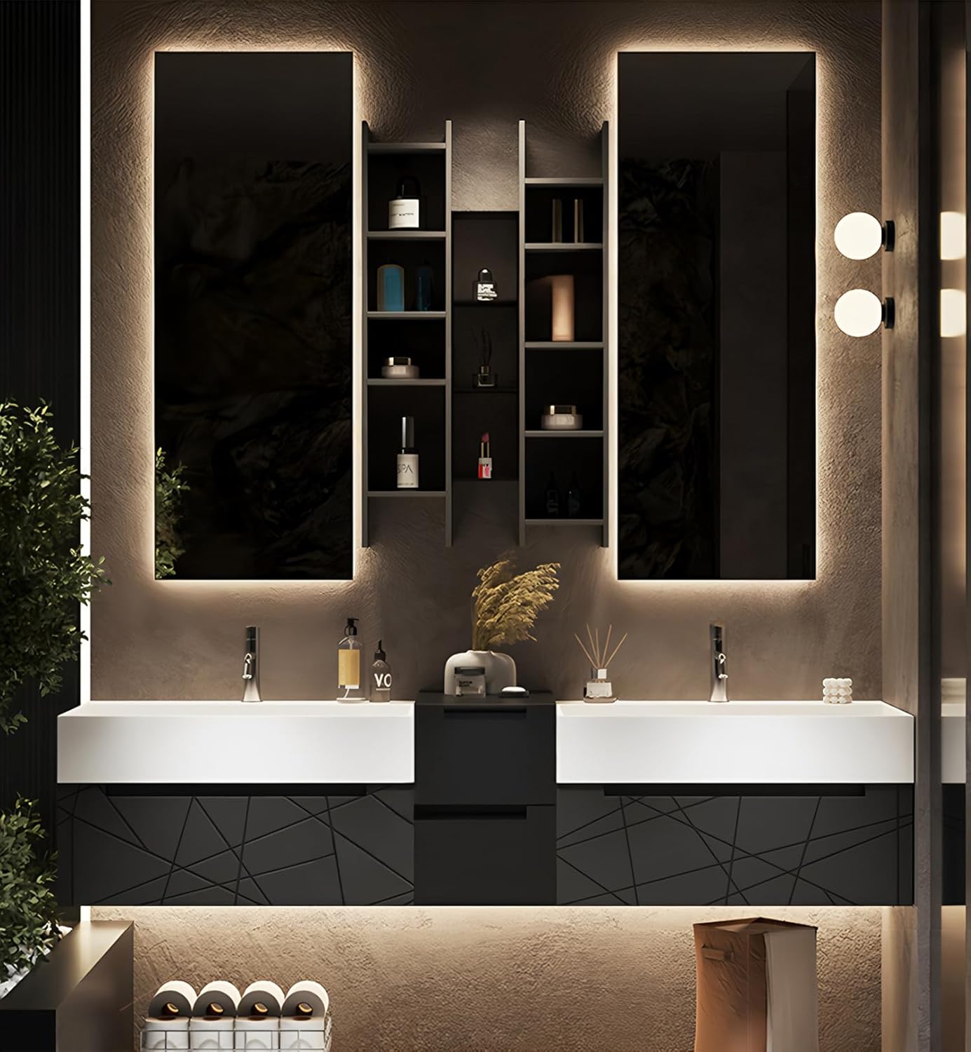 Double Bathroom Vanity with Sink, Floating Modern Bathroom Vanity Set Includes LED Smart Defogging Mirror and Open Storage Wall Cabinet, Solid Wood Bathroom Cabinet with Large Drawer (Dark Grey,60")
