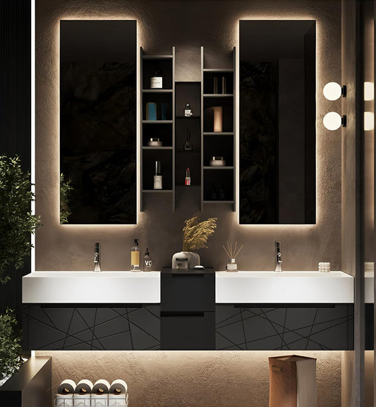 Double Bathroom Vanity with Sink, Floating Modern Bathroom Vanity Set Includes LED Smart Defogging Mirror and Open Storage Wall Cabinet, Solid Wood Bathroom Cabinet with Large Drawer (Dark Grey,88")