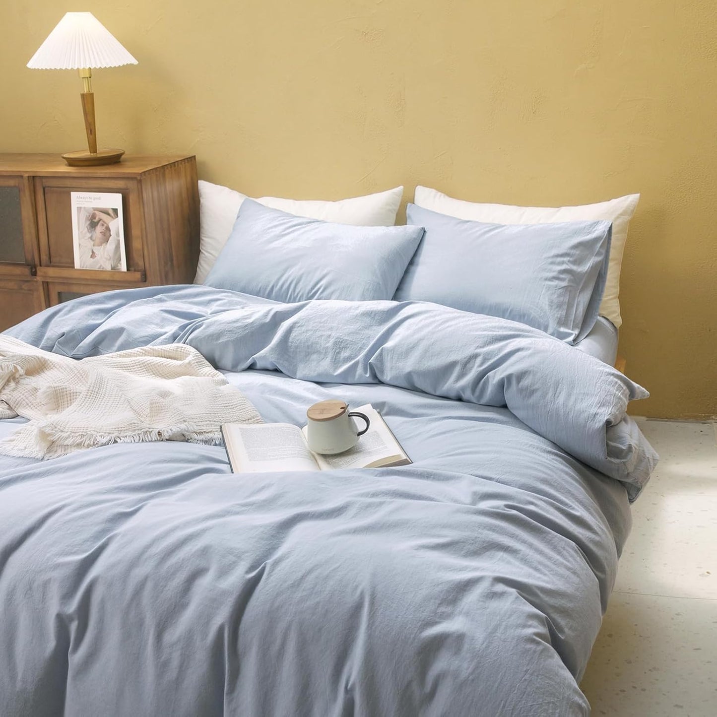 FOSSA Duvet Cover Set 100% Washed Cotton Linen Feel Super Soft Breathable Cozy 3 Pieces Bedding Sets Solid Cornflower Blue Queen