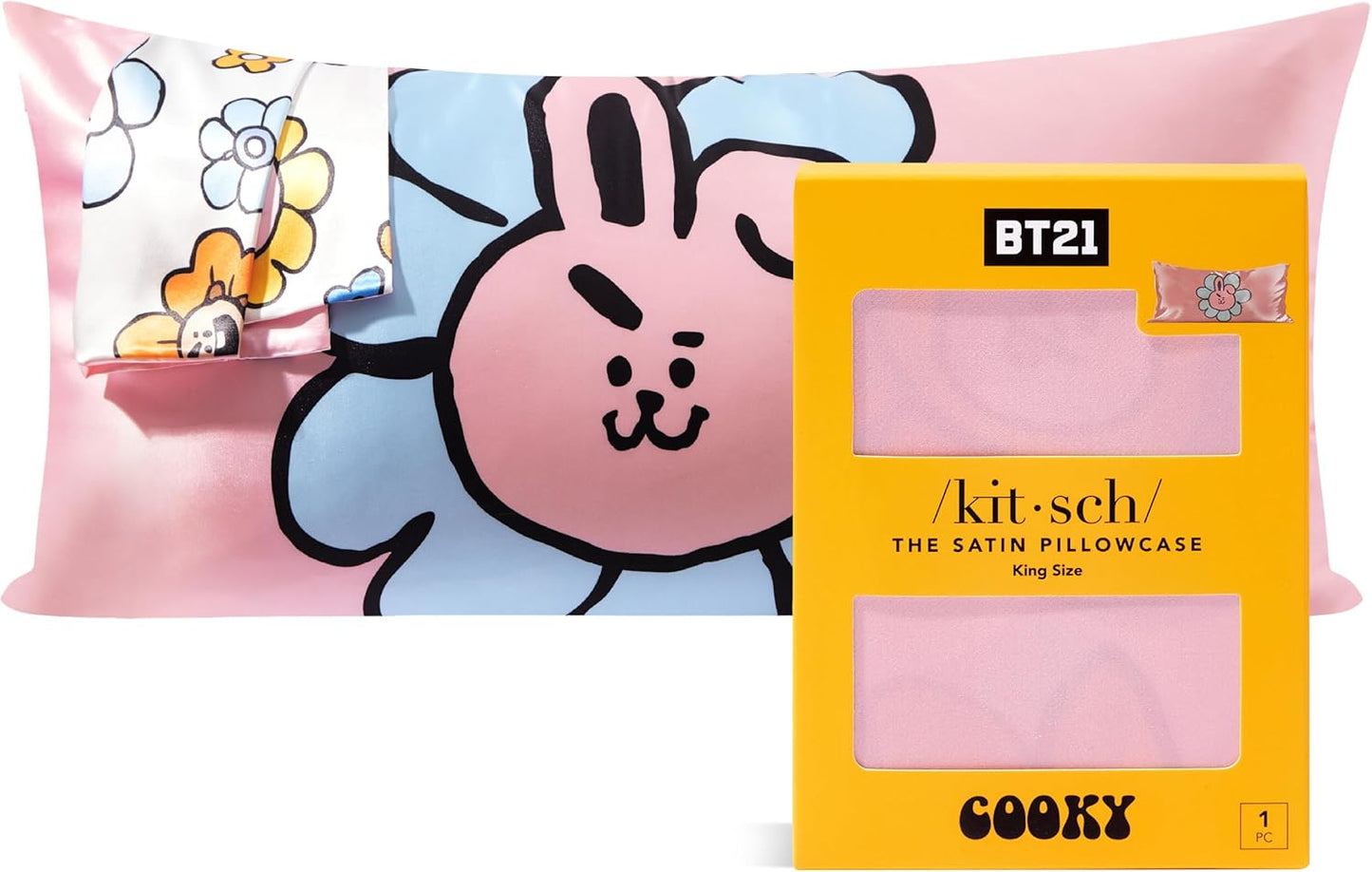 Kitsch x BT21 (Cooky) Satin Pillowcase with Zipper for Hair & Skin - Softer Than Silk Pillow Cases, Smooth Cooling Pillow Cover, Wrinkle-Free, Machine Washable, King Size (19x36)