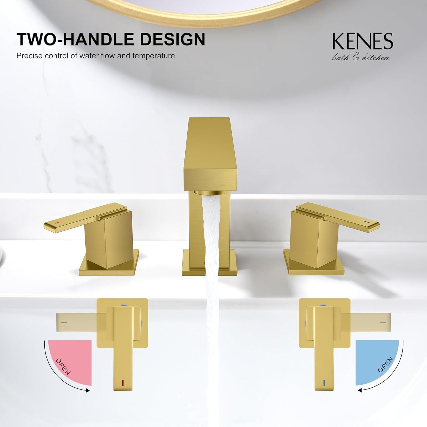 KENES Brushed Gold Widespread Bathroom Faucet 2 Handle Bathroom Sink Faucets 3 Hole, Gold 8-Inch 3 Pieces Vanity Lavatory Faucet with Supply Lines, KE-9050-4