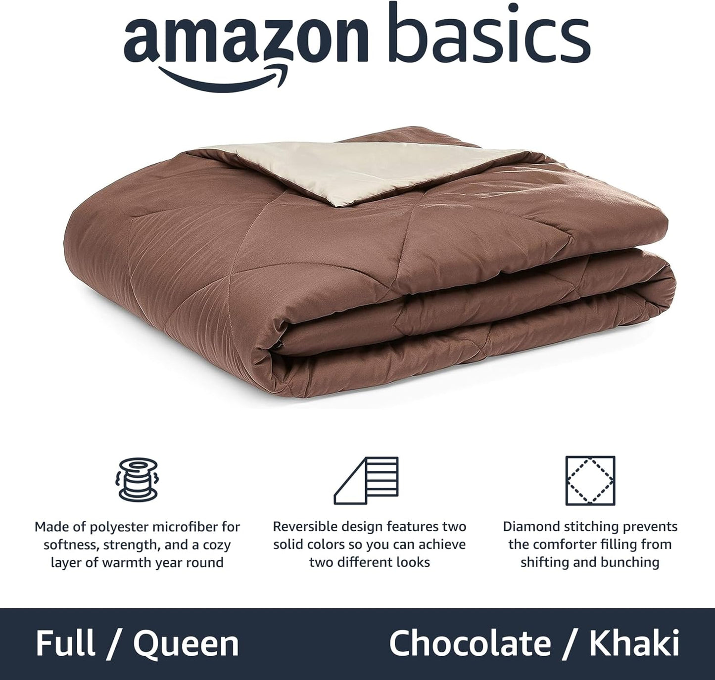Amazon Basics Comforter Blanket Full/Queen, Reversible Lightweight Microfiber All Season Blanket, Chocolate/Khaki