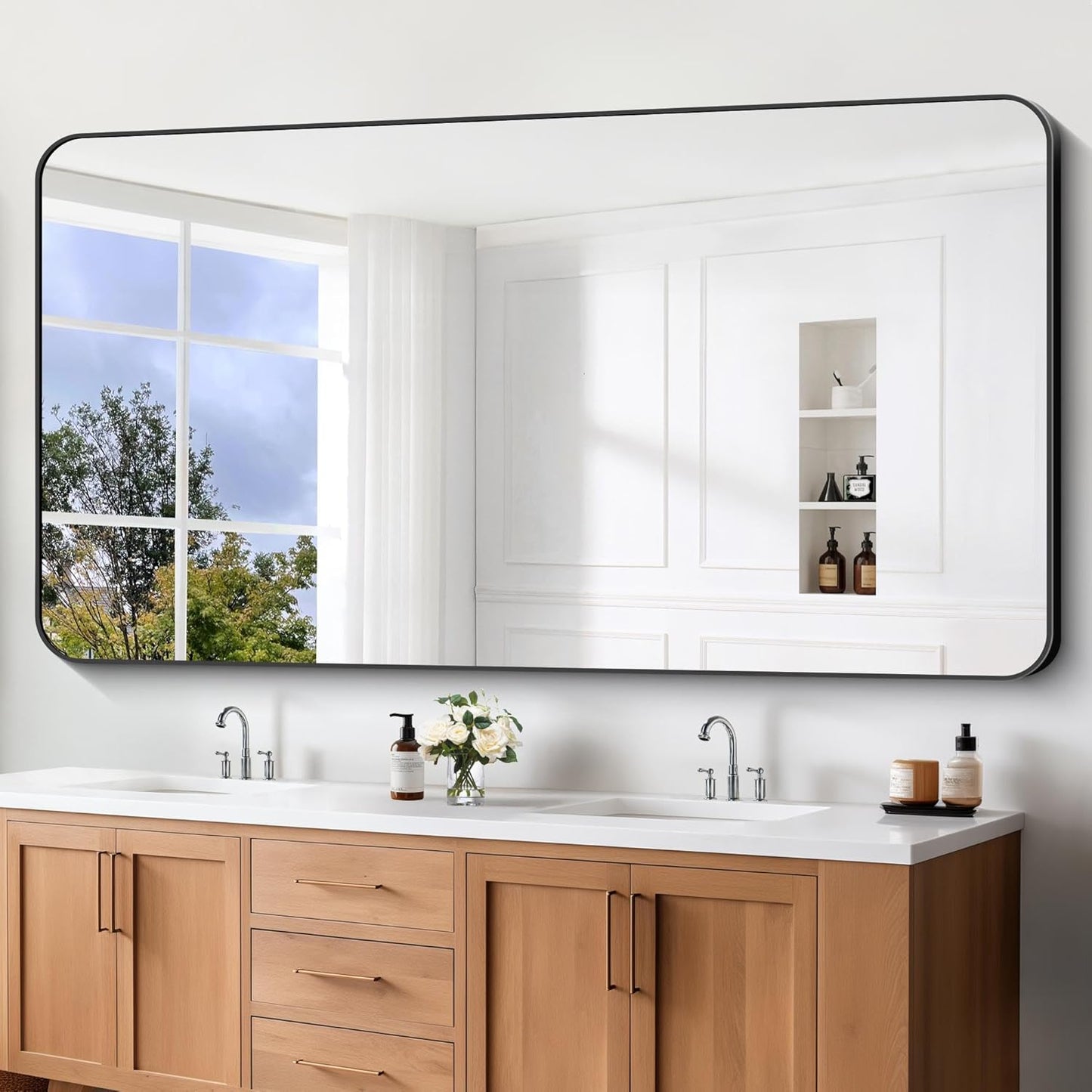 Large Bathroom Mirror 72x36 inch, Black Rectangle Mirrors with Metal Frame, Rounded Corner Rectangular Mirror for Bathroom, Oversized Wall Mounted Mirror for Over Sinks Living Room Bedroom