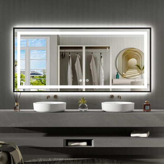 Amorho 60" X30" LED Bathroom Mirror, Front Light and Backlit with Black Frame, Stepless Dimmable, Anti-Fog, Shatter-Proof, Memory, 3 Colors, Double LED Vanity Mirror