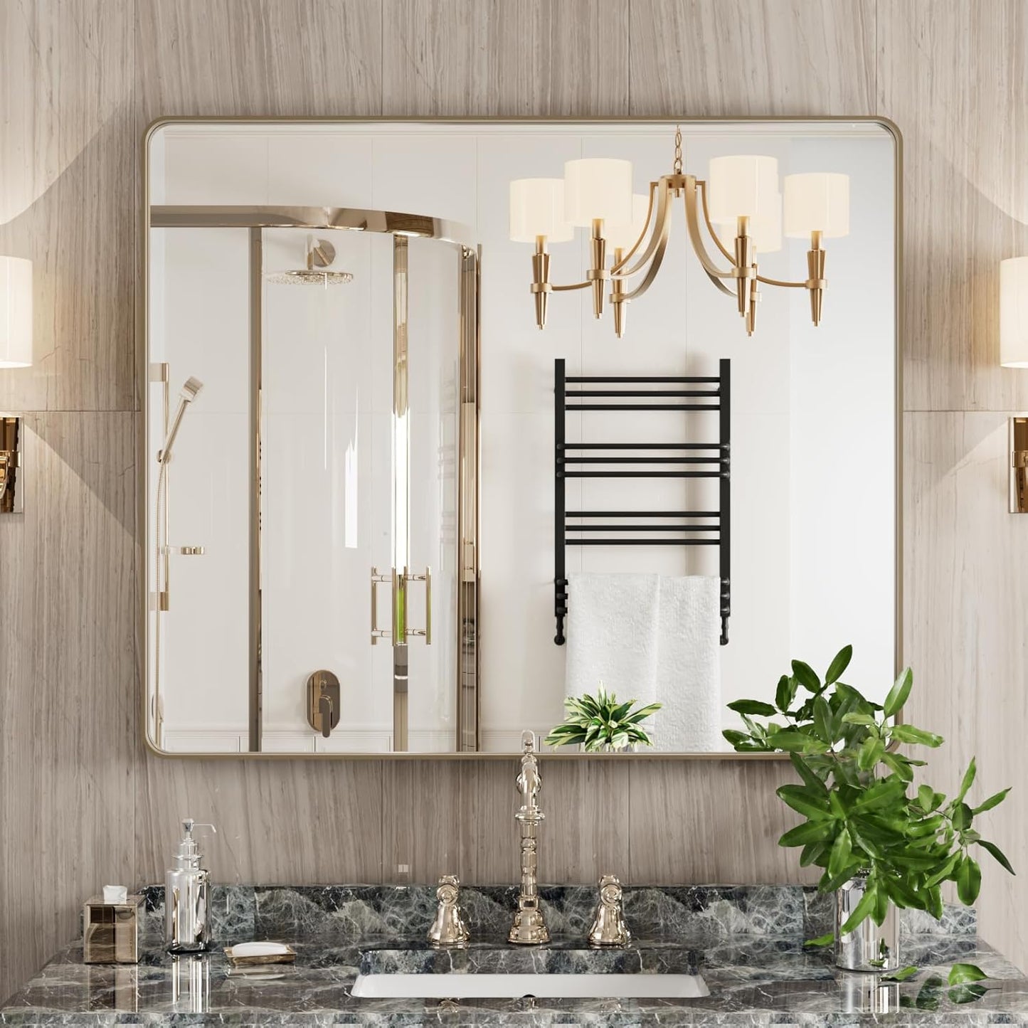 Bronze Bathroom Mirror 30x36 Inch, Brushed Bronze Metal Frame Mirror for Wall, Rounded Rectangle Bathroom Vanity Mirror with Tempered Glass, Anti-Rust, Horizontal/Vertical